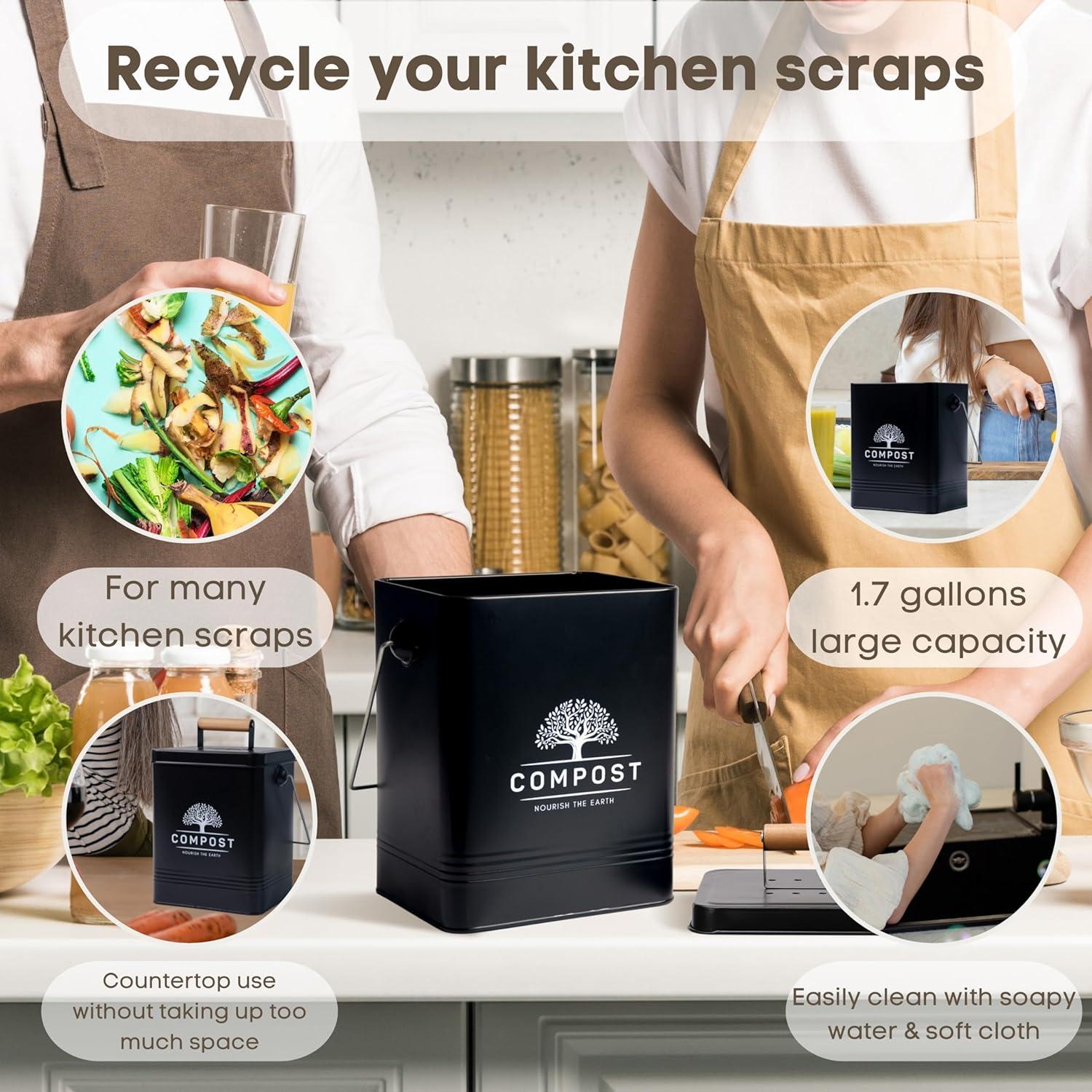 Cubo de Compostaje de Cocina PERFNIQUE 1.7 Galones Negro