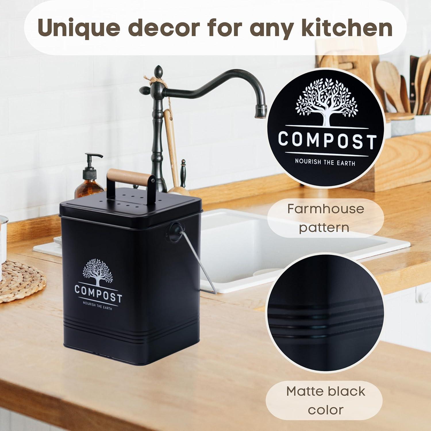 Cubo de Compostaje de Cocina PERFNIQUE 1.7 Galones Negro