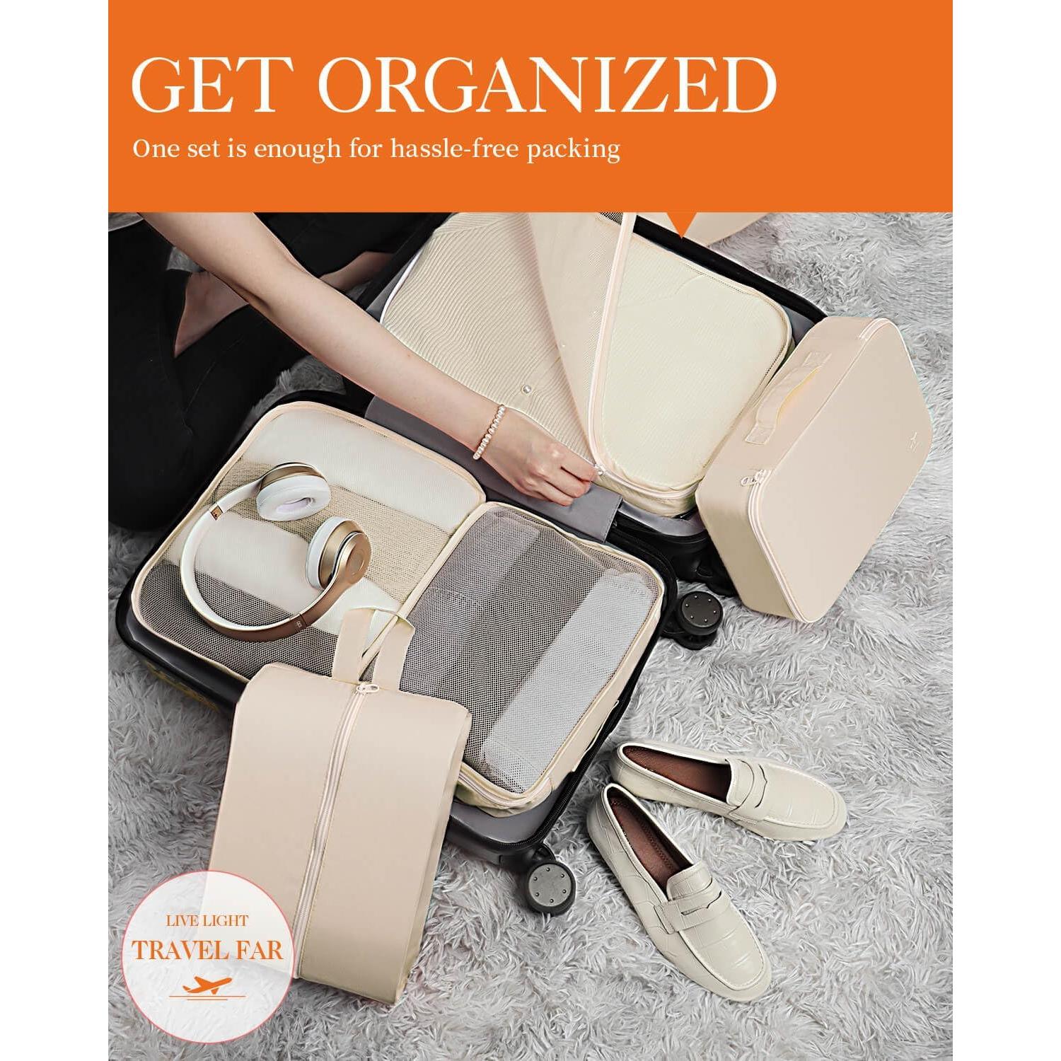 HOTOR Packing Cubes for Suitcases - 6 Pieces, Light Packing Cubes for Travel, Premium Suitcase Organizer Bags Set, Space-Saving Luggage Organizers, Travel Accessories and Essentials, Beige