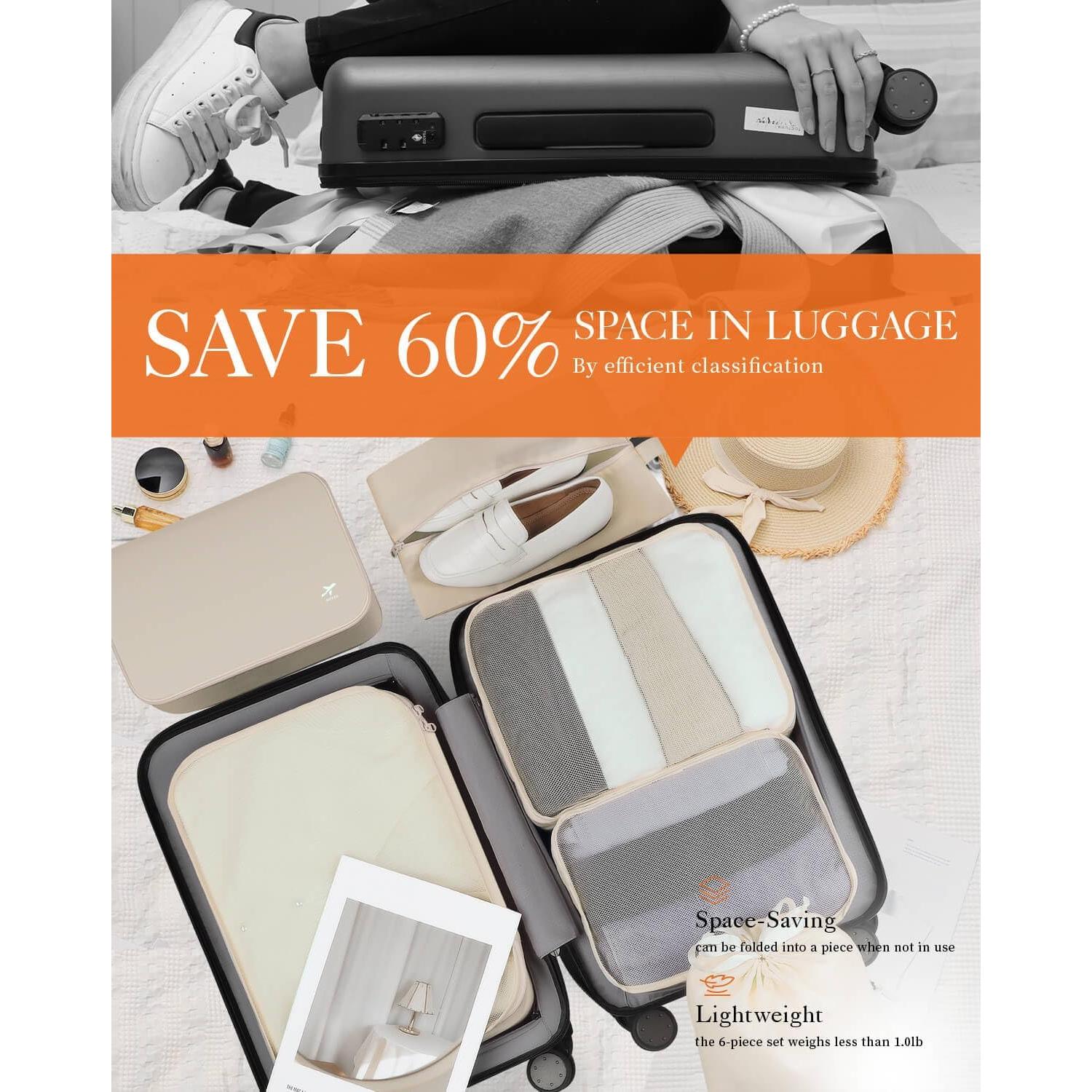 HOTOR Packing Cubes for Suitcases - 6 Pieces, Light Packing Cubes for Travel, Premium Suitcase Organizer Bags Set, Space-Saving Luggage Organizers, Travel Accessories and Essentials, Beige