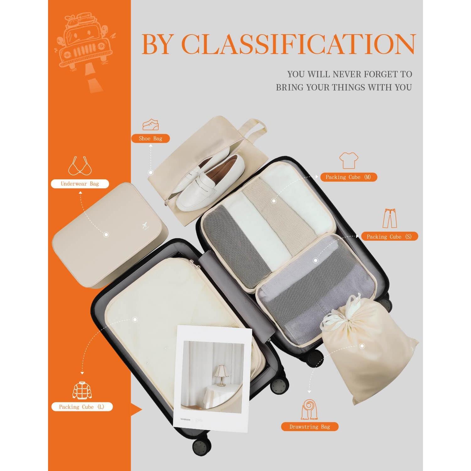 HOTOR Packing Cubes for Suitcases - 6 Pieces, Light Packing Cubes for Travel, Premium Suitcase Organizer Bags Set, Space-Saving Luggage Organizers, Travel Accessories and Essentials, Beige