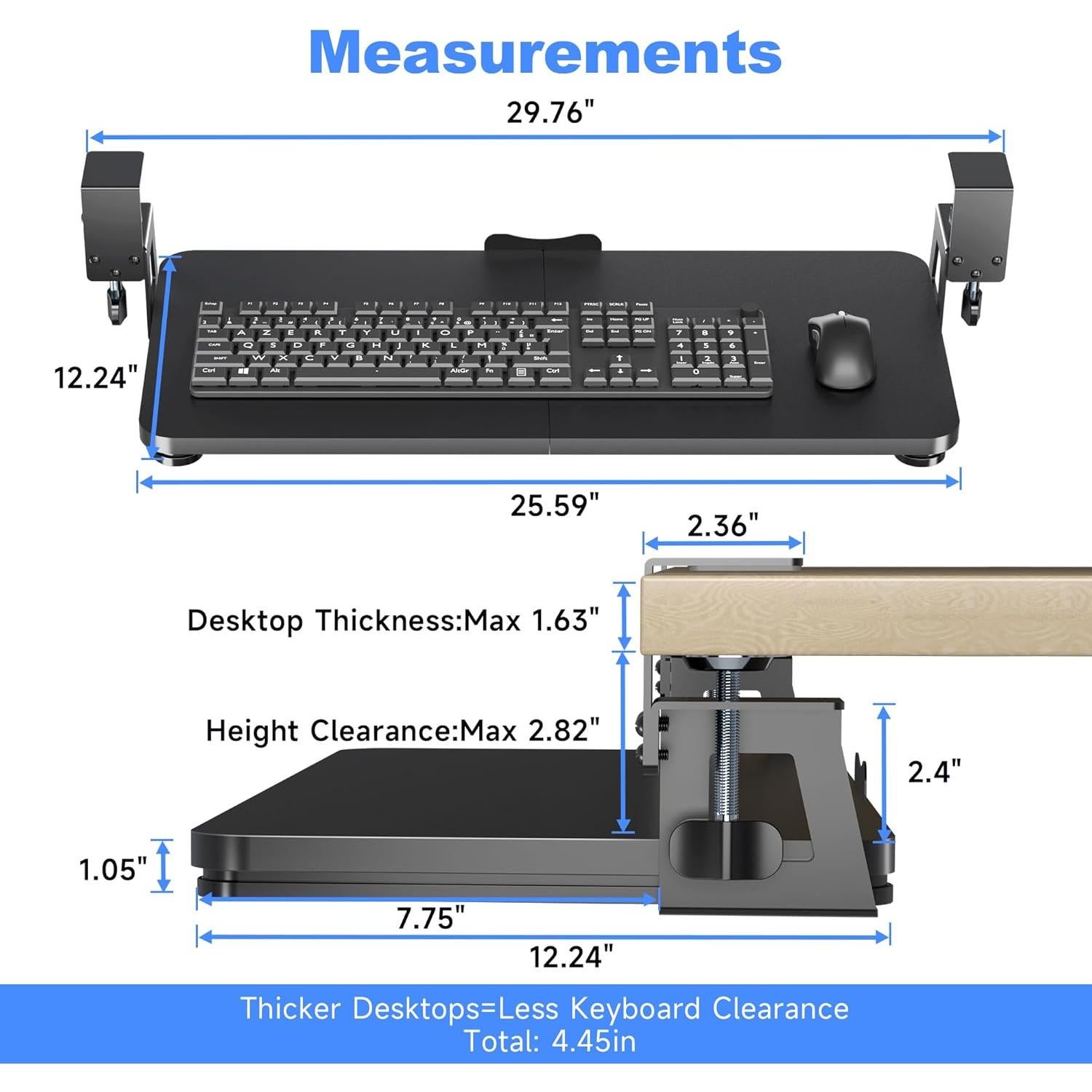 Keyboard Tray Under Desk Large C-Clamp 25.6” (30” Including Clamps) x 11.8” Slide-Out Platform Computer Drawer Pull Out Keyboard & Mouse Tray Black DSF4