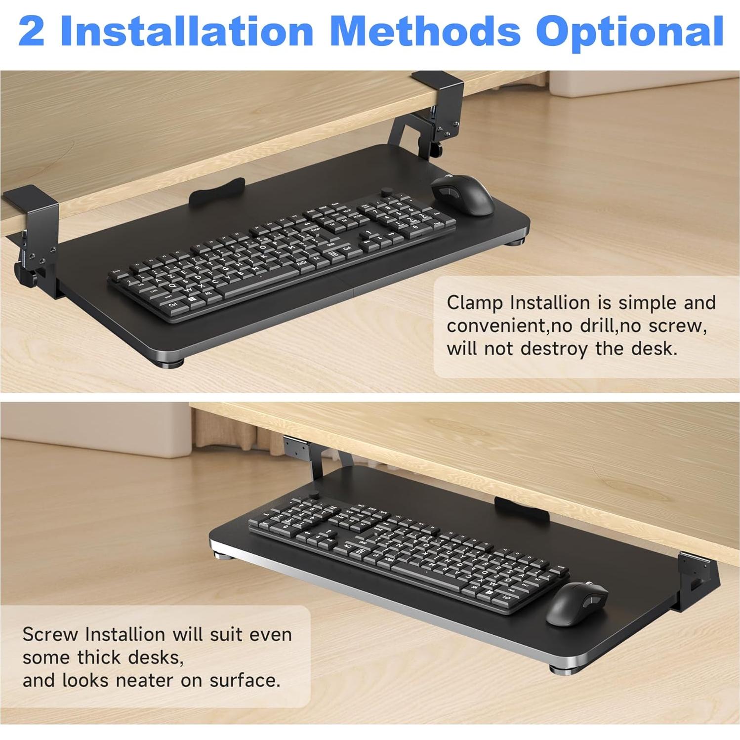 Keyboard Tray Under Desk Large C-Clamp 25.6” (30” Including Clamps) x 11.8” Slide-Out Platform Computer Drawer Pull Out Keyboard & Mouse Tray Black DSF4