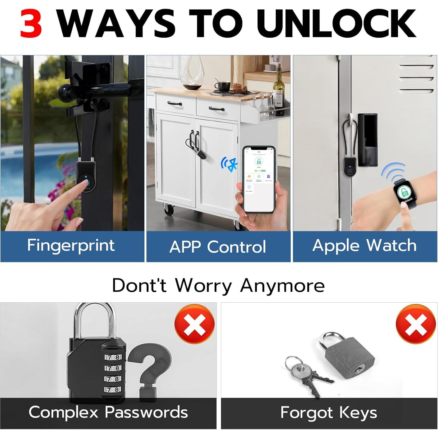 Eseesmart Long Shackle Fingerprint Padlock with APP Control - Waterproof Cabinet, Luggage, Outdoor Lock for Gym Locker, Suitcase, Cabinets, Gate