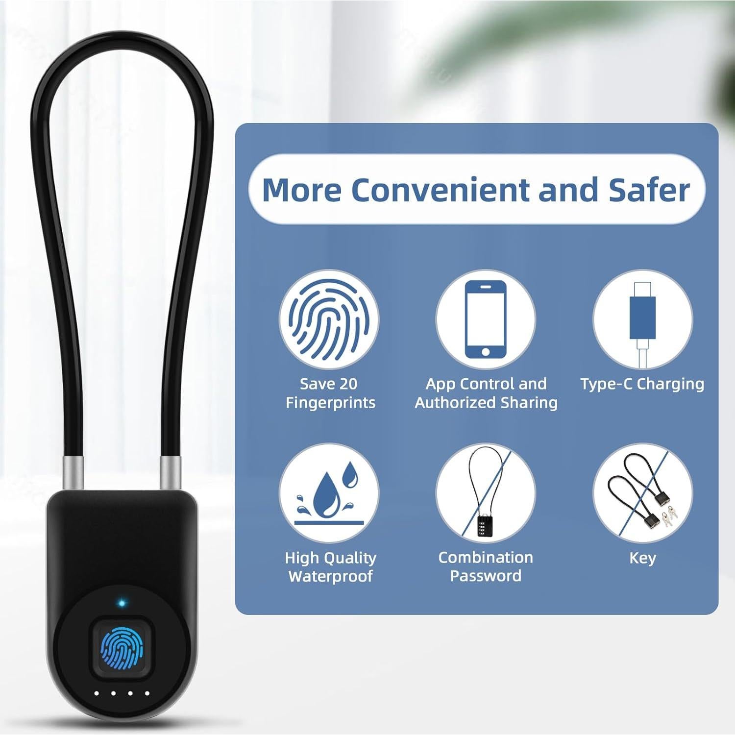 Eseesmart Long Shackle Fingerprint Padlock with APP Control - Waterproof Cabinet, Luggage, Outdoor Lock for Gym Locker, Suitcase, Cabinets, Gate