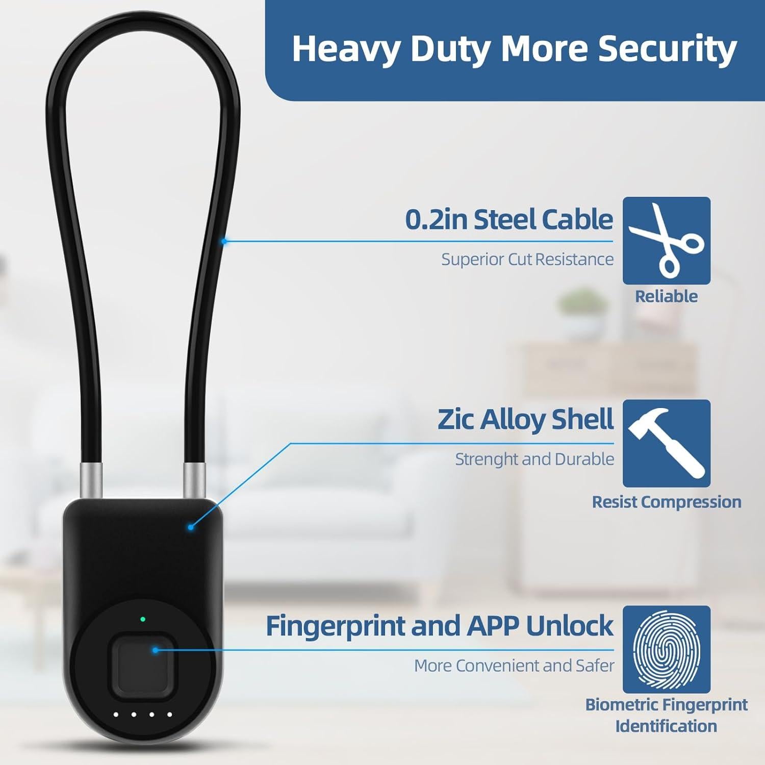 Eseesmart Long Shackle Fingerprint Padlock with APP Control - Waterproof Cabinet, Luggage, Outdoor Lock for Gym Locker, Suitcase, Cabinets, Gate