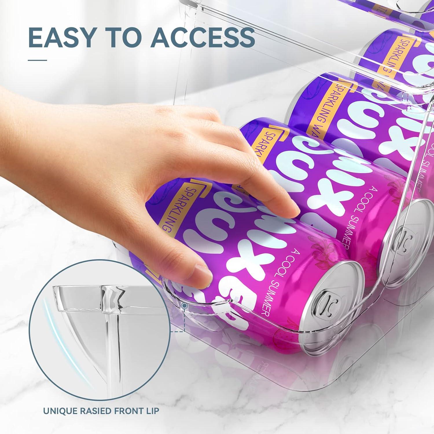 Soda Can Dispenser for Refrigerator with Lids, Stackable Drink Organizer for Fridge, Clear Plastic Refrigerator Organizer Bins, Beverage Can Holders for Pantry, Freezer, Kitchen, Cabinets Set of 2