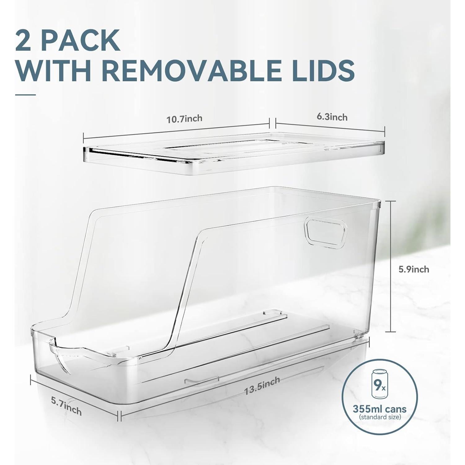 Soda Can Dispenser for Refrigerator with Lids, Stackable Drink Organizer for Fridge, Clear Plastic Refrigerator Organizer Bins, Beverage Can Holders for Pantry, Freezer, Kitchen, Cabinets Set of 2