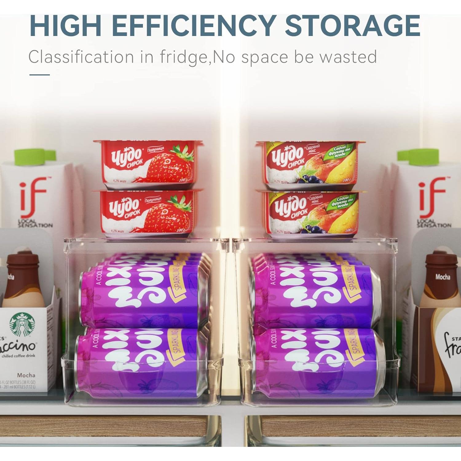 Soda Can Dispenser for Refrigerator with Lids, Stackable Drink Organizer for Fridge, Clear Plastic Refrigerator Organizer Bins, Beverage Can Holders for Pantry, Freezer, Kitchen, Cabinets Set of 2