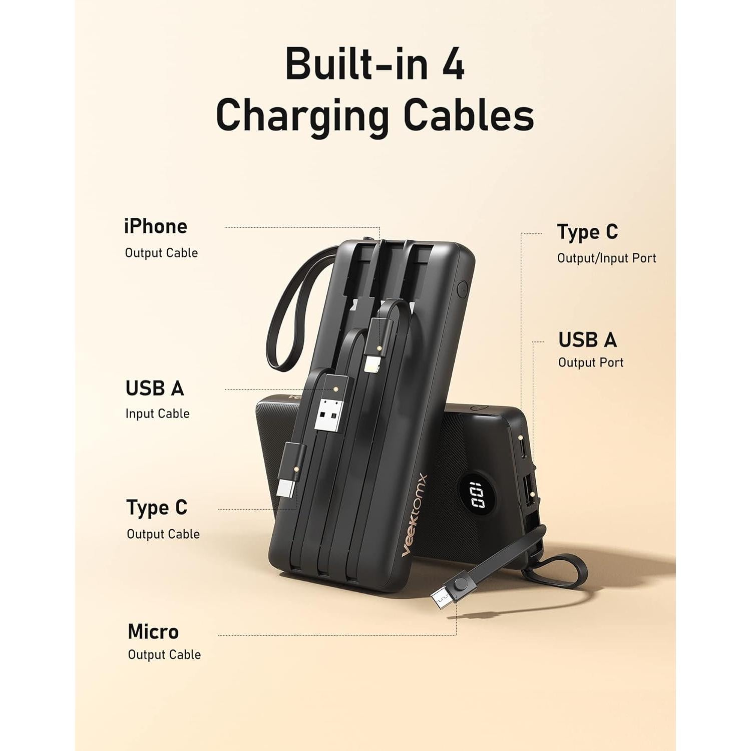 Cargador Portátil VEEKTOMX 10000mAh Carga Rápida USB-C Negro