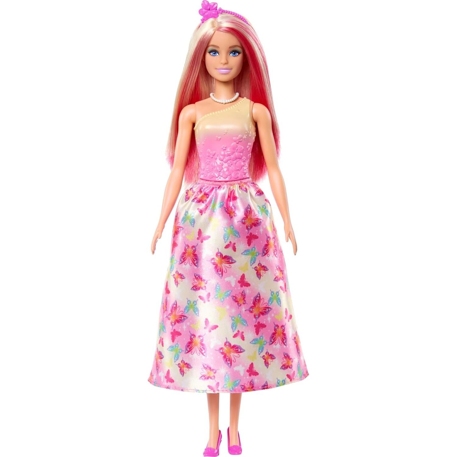 Barbie Royal Doll with Pink & Blonde Fantasy Hair, Colorful Accessories, Pink Ombre Bodice & Butterfly-Print Skirt