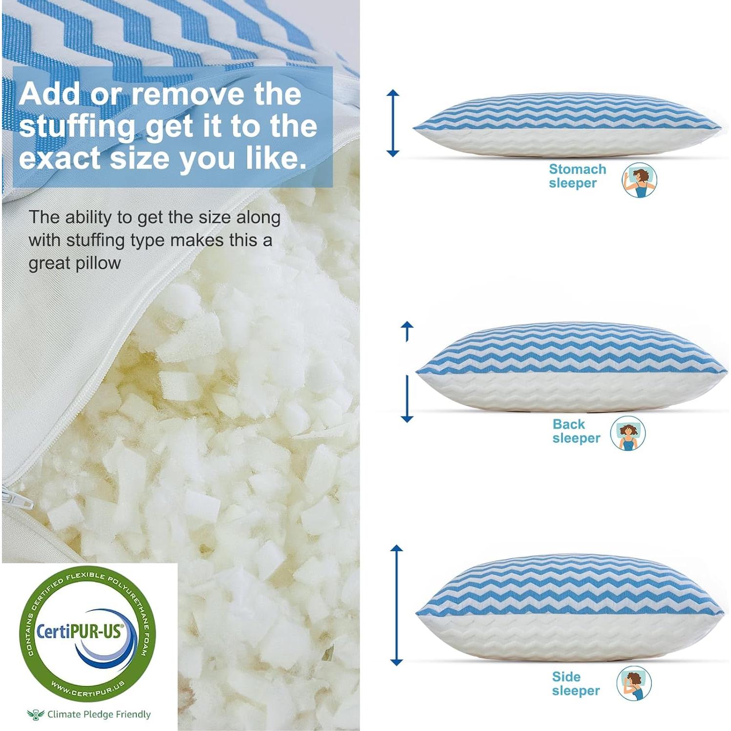 Pillows Standard Size - Adjustable Firm Pillow for Back Stomach and Side Sleeper - Shredded Memory Foam Cooling Pillow for Neck and Shoulder Pain with Washable Cover and Bonus Foam Fill