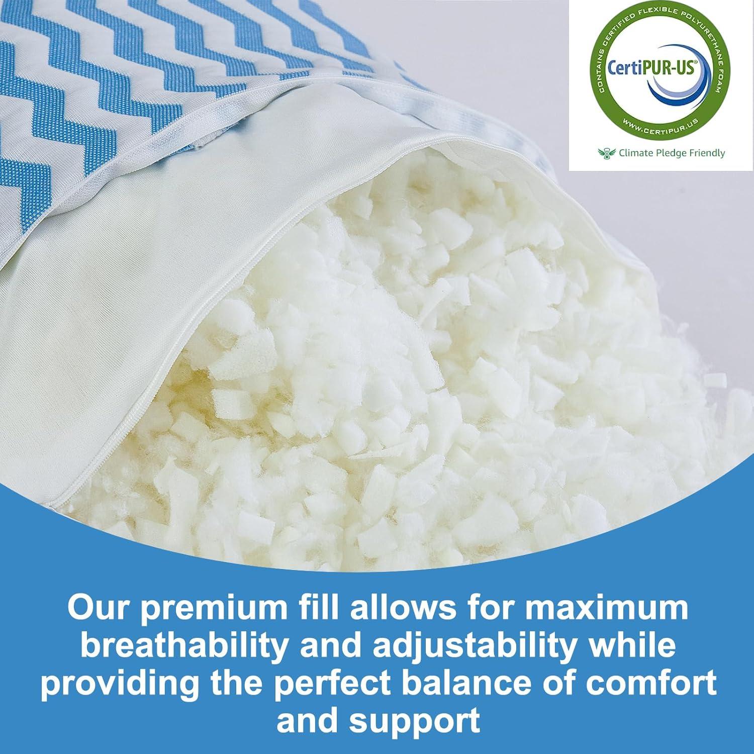 Pillows Standard Size - Adjustable Firm Pillow for Back Stomach and Side Sleeper - Shredded Memory Foam Cooling Pillow for Neck and Shoulder Pain with Washable Cover and Bonus Foam Fill