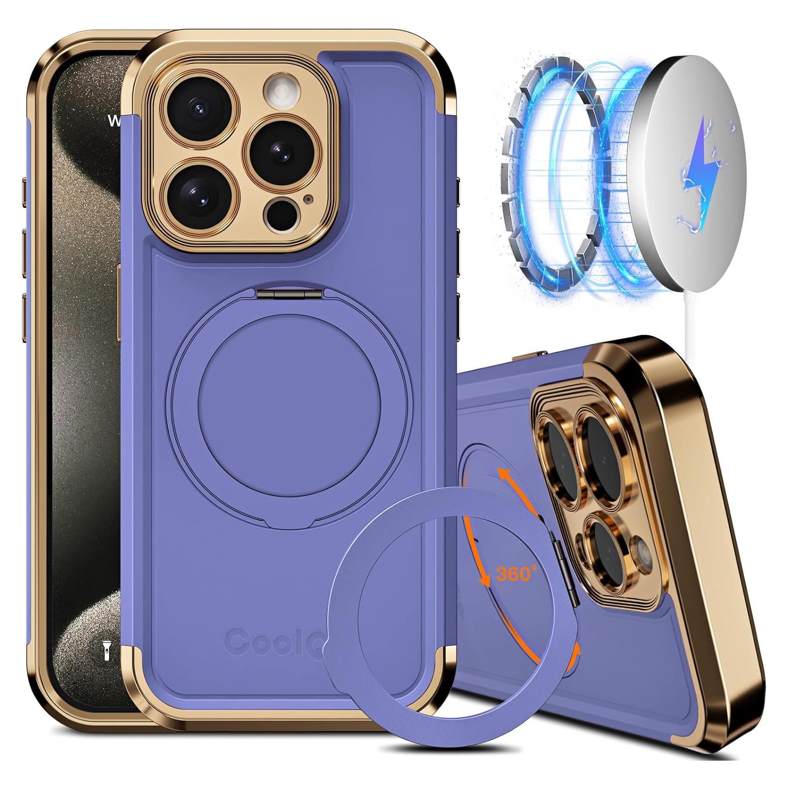Funda COOLQO para iPhone 15 Pro Max 6.7" Oro Púrpura Soporte Magnético