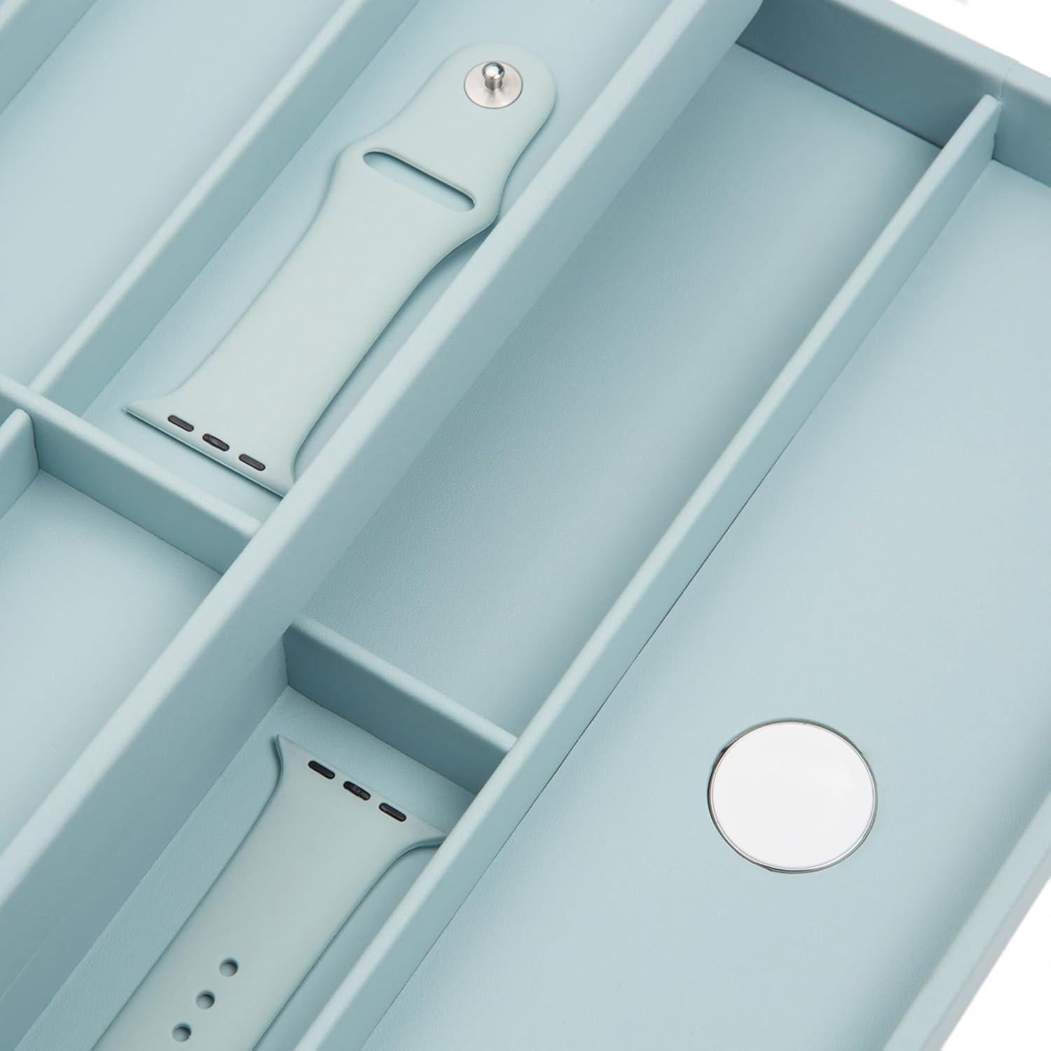 WOLF Watch Valet with Strap Tray for Apple Watch, Aqua - Includes 10 Compartments, One Phone Charging Port + One Docking Station