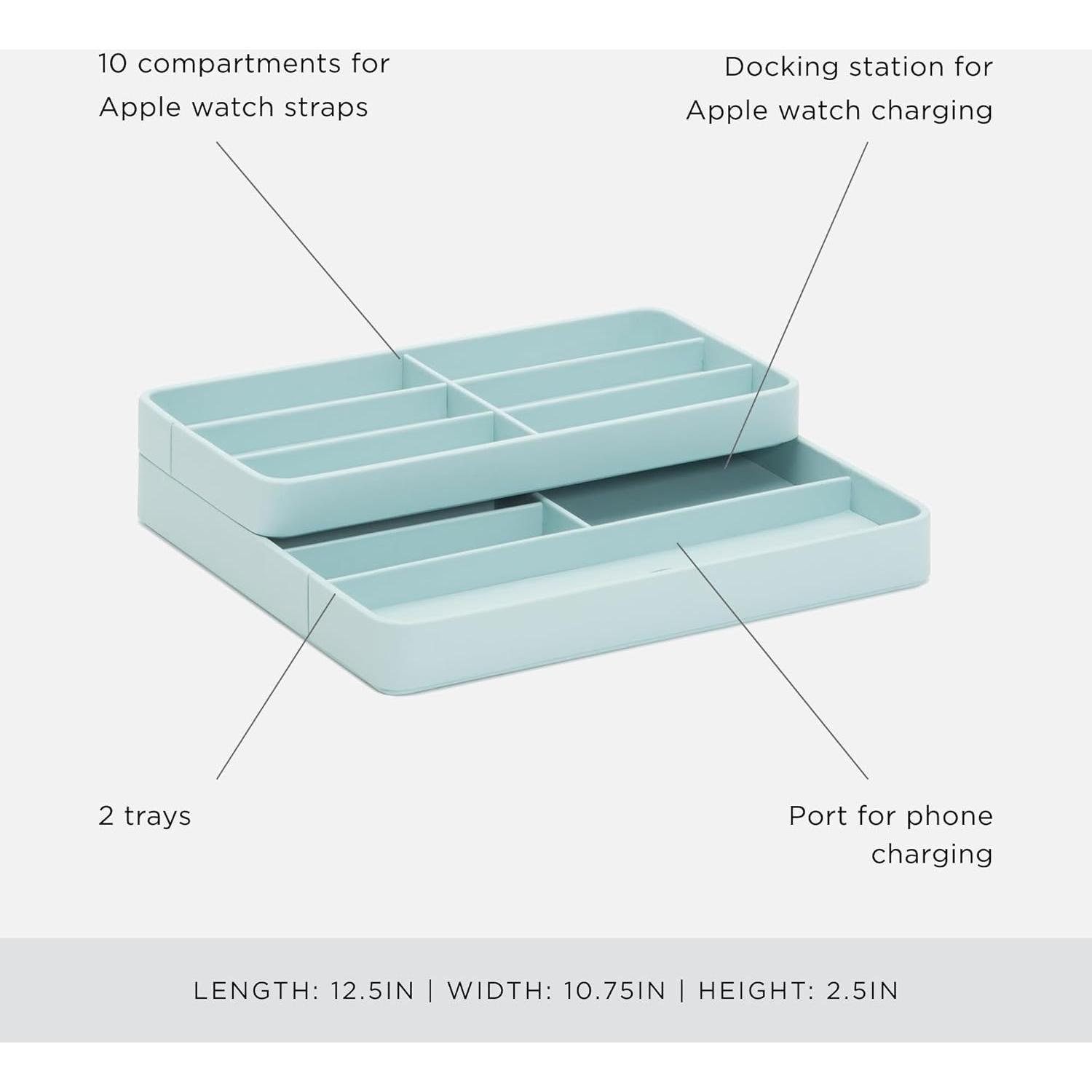 WOLF Watch Valet with Strap Tray for Apple Watch, Aqua - Includes 10 Compartments, One Phone Charging Port + One Docking Station
