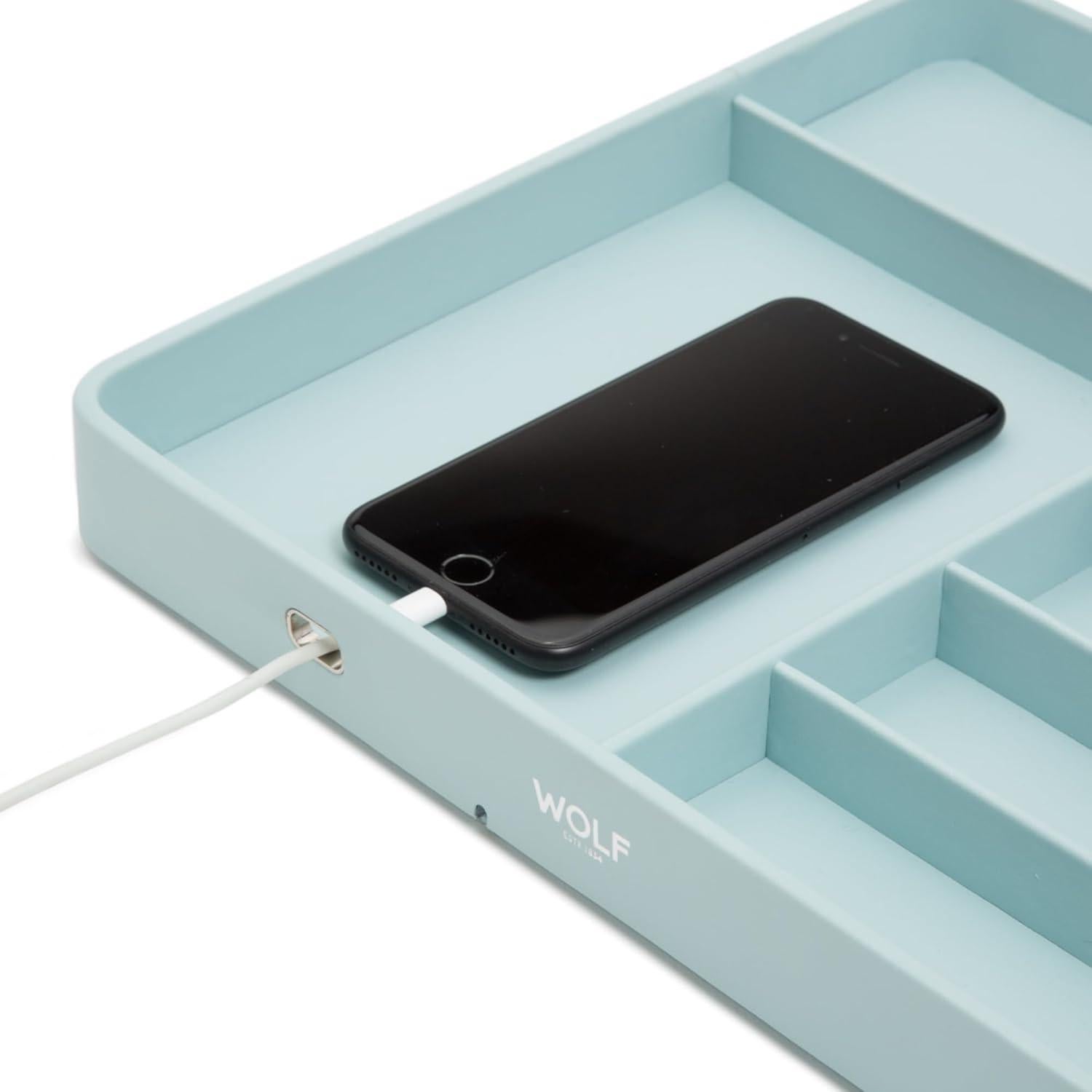 WOLF Watch Valet with Strap Tray for Apple Watch, Aqua - Includes 10 Compartments, One Phone Charging Port + One Docking Station