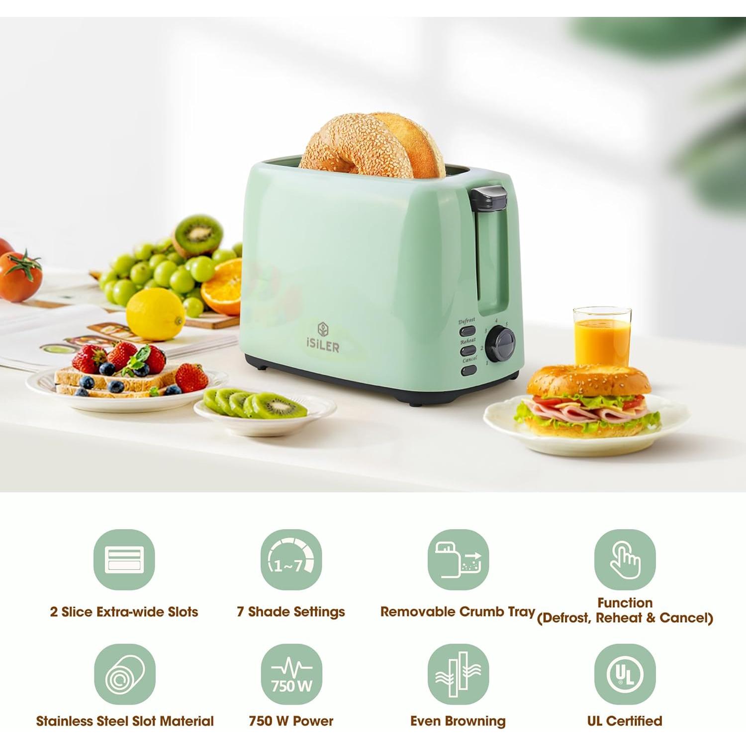 Tostadora iSiLER de 2 Rebanadas Verde 750W con 7 Niveles