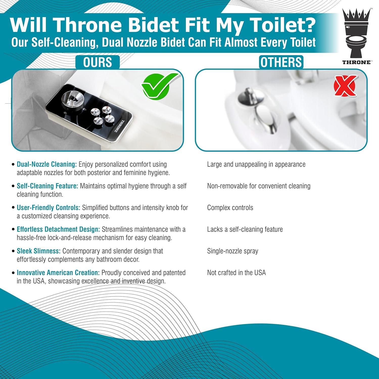 Throne Bidet Attachment - USA Patented - Non-Electric Self Cleaning Water Sprayer Toilet Bidet Seat Attachment, Double Nozzle (Frontal & Rear Wash), Easy Install (Black)