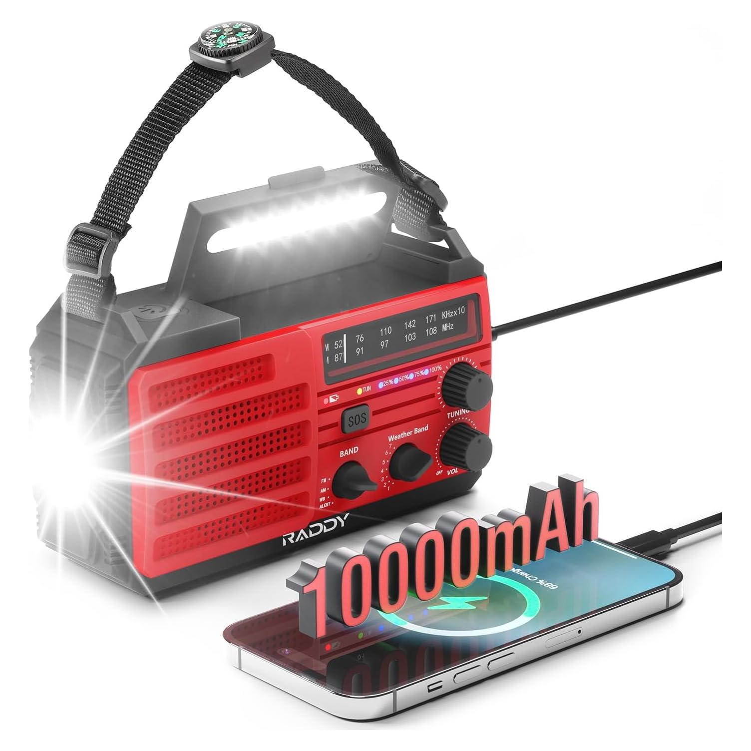 [37000mWh Battery] Raddy SW10 Emergency Radio, Hand Crank Solar, AM FM NOAA Radio with Rechargeable Battery Flashlight SOS Alarm Compass, Power Bank for Power Outage Camping Hurricane Outdoor