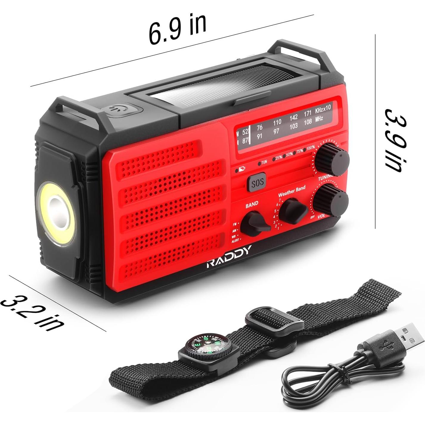 [37000mWh Battery] Raddy SW10 Emergency Radio, Hand Crank Solar, AM FM NOAA Radio with Rechargeable Battery Flashlight SOS Alarm Compass, Power Bank for Power Outage Camping Hurricane Outdoor