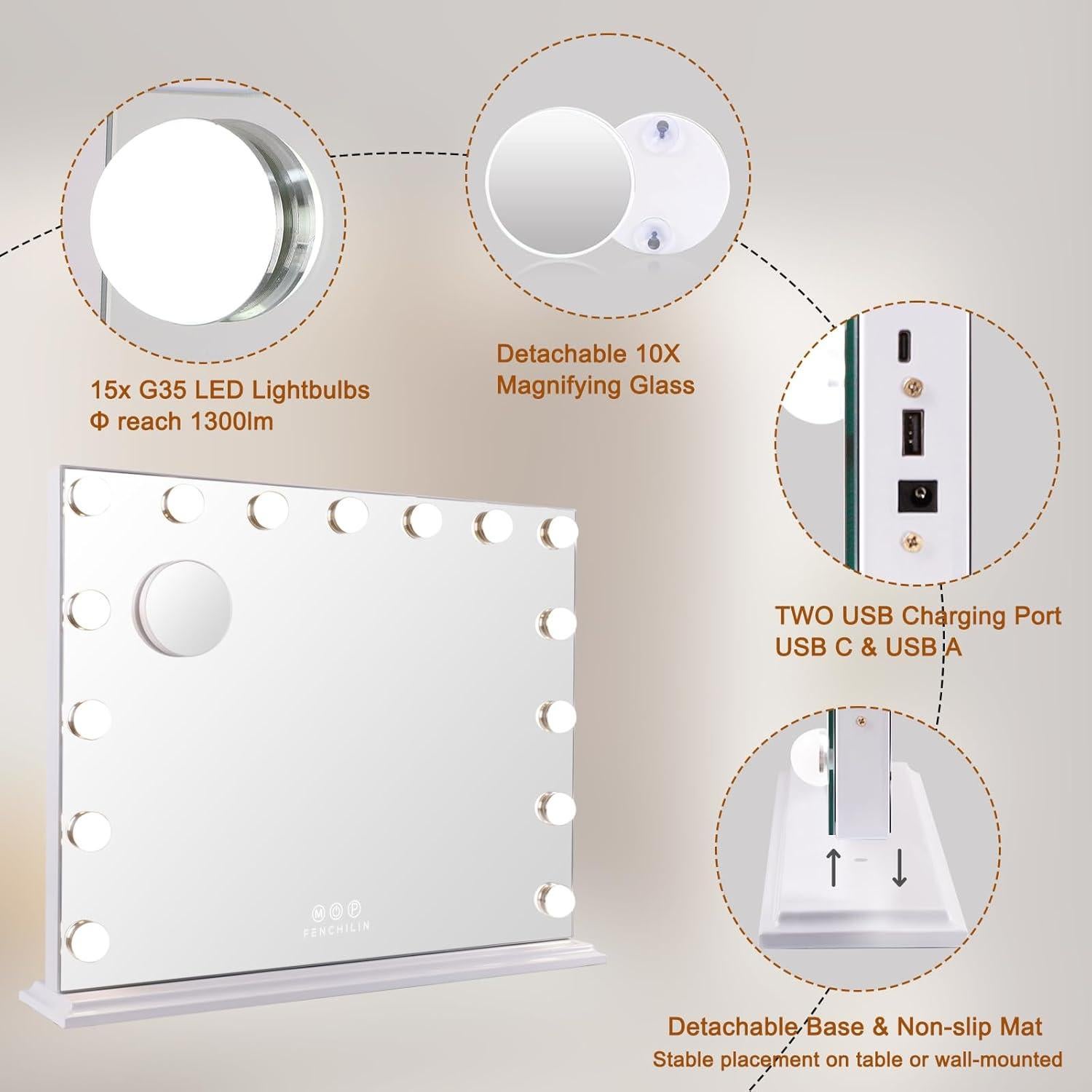 Espejo de Tocador FENCHILIN Iluminado 45.7x57.9cm con USB