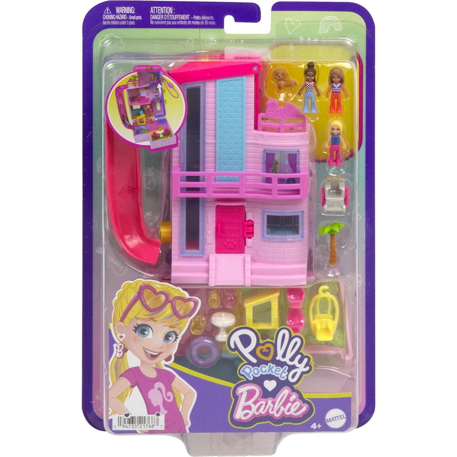 Casa de Ensueño Compacta Polly Pocket Barbie con 3 Muñecas y Accesorios