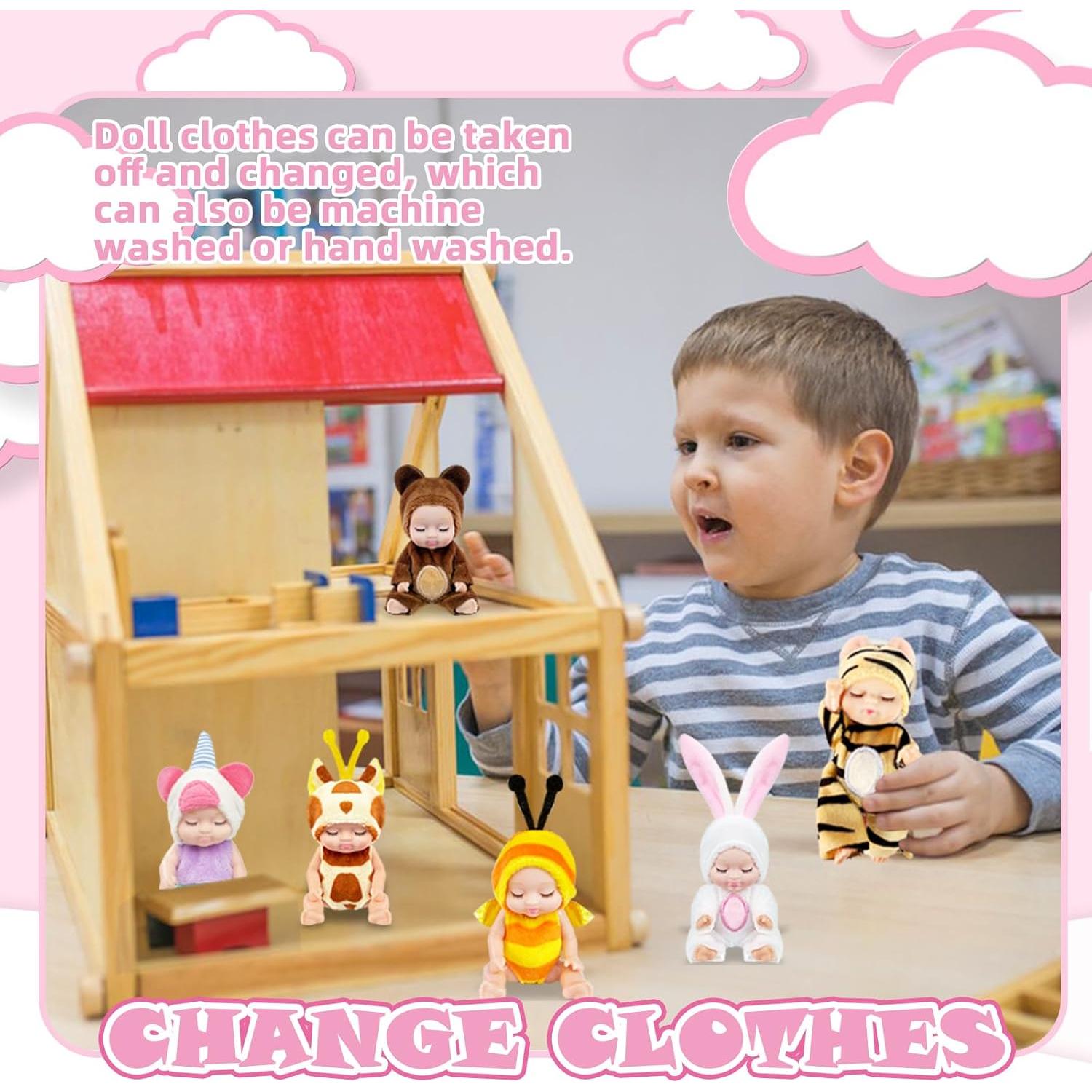 Conjunto de 6 Muñecas Bebé Mini Haawooky con Ropa de Animales