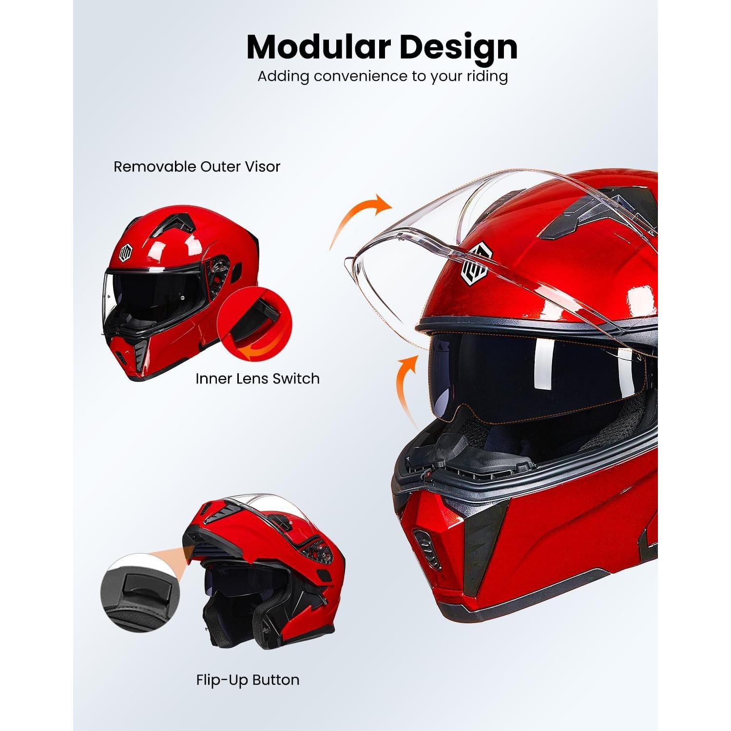 ILM Motorcycle Modular Full Face Helmet for Adult Flip up Dual Visor LED Tail Light Optional DOT