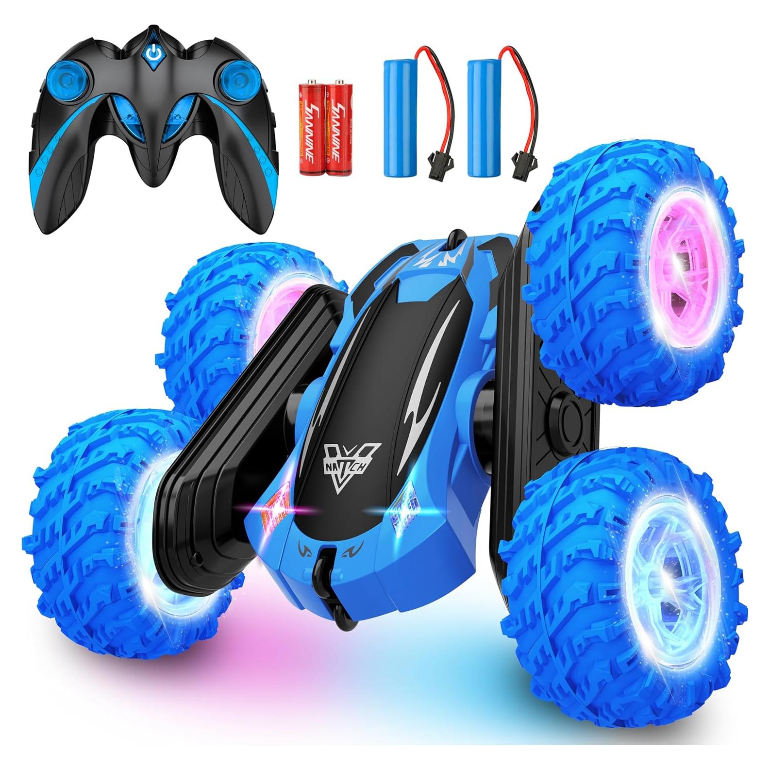KKONES Remote Control Car, 2.4GHz Double Sided 360° Flips Rotating Electric Race RC Stunt Car, LED Wheel & Headlight High Speed Off Road Cars Toy Gift for 3 4 5 6 7 8-12 Year Old Boy Toys (Blue)