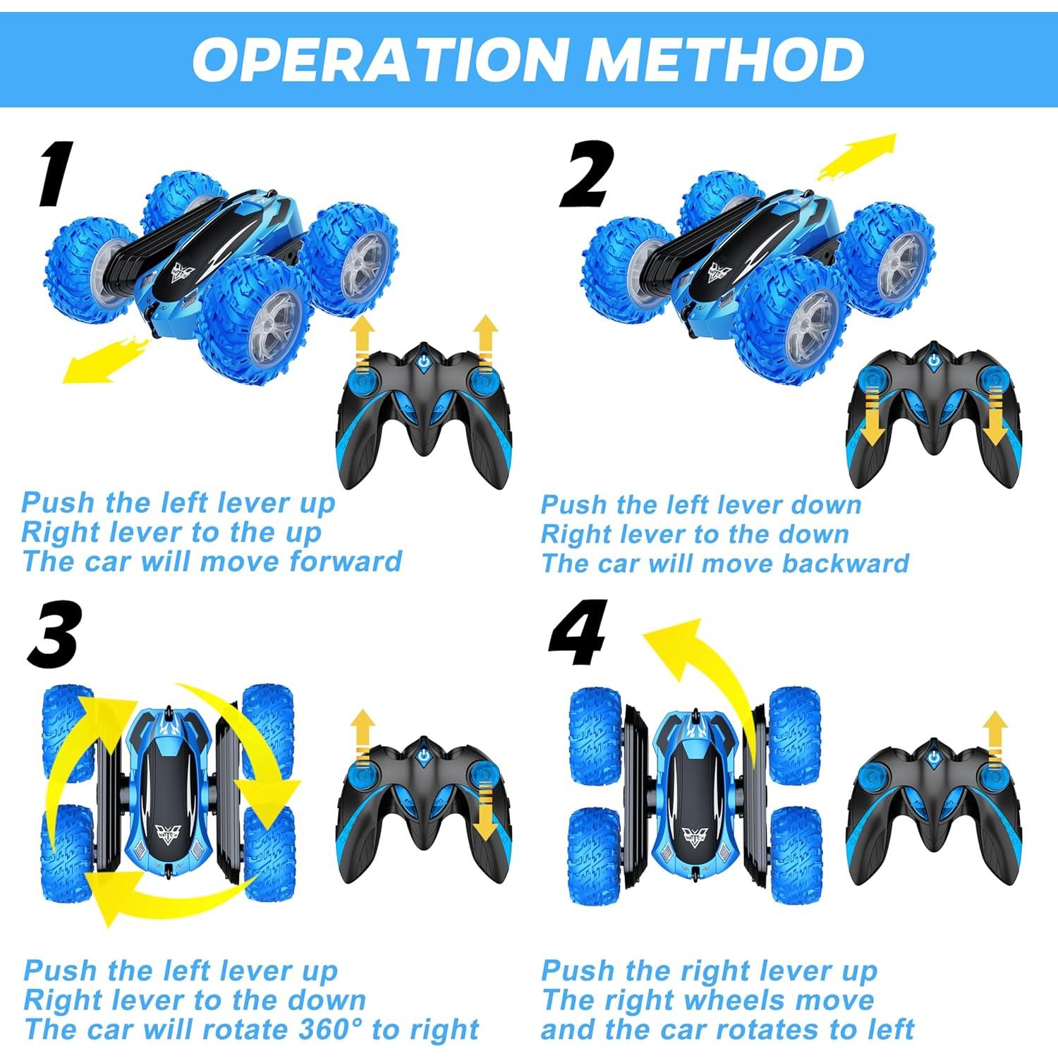 KKONES Remote Control Car, 2.4GHz Double Sided 360° Flips Rotating Electric Race RC Stunt Car, LED Wheel & Headlight High Speed Off Road Cars Toy Gift for 3 4 5 6 7 8-12 Year Old Boy Toys (Blue)