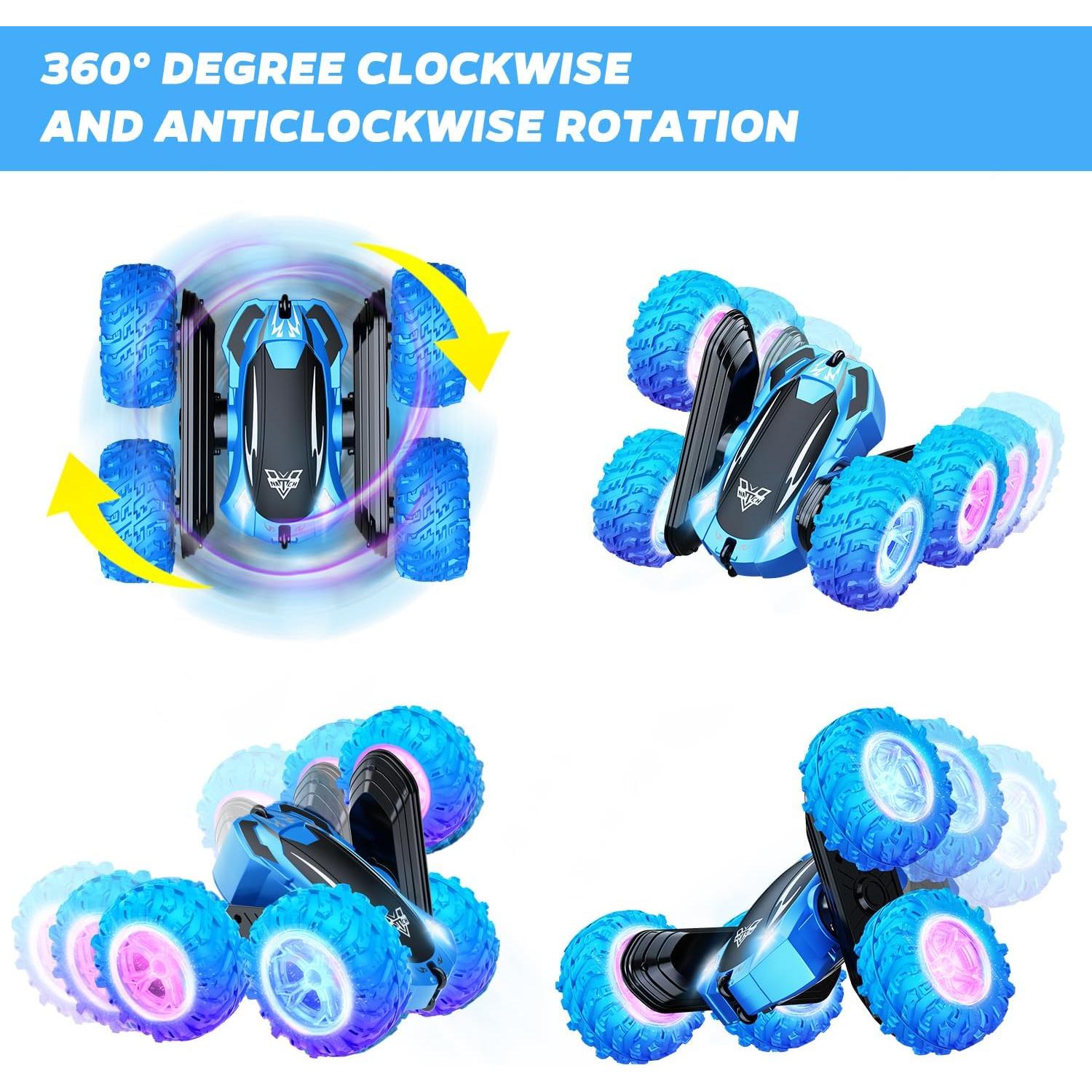 KKONES Remote Control Car, 2.4GHz Double Sided 360° Flips Rotating Electric Race RC Stunt Car, LED Wheel & Headlight High Speed Off Road Cars Toy Gift for 3 4 5 6 7 8-12 Year Old Boy Toys (Blue)