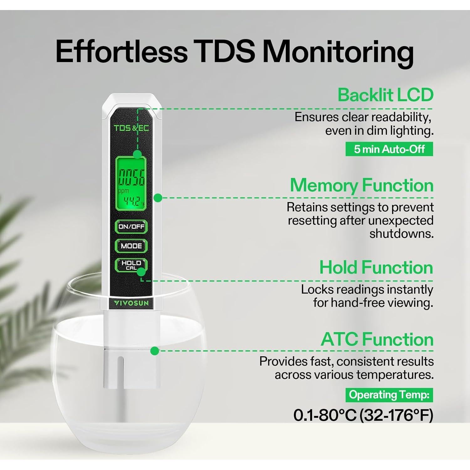 Medidor de pH Digital VIVOSUN 3-en-1 TDS/EC/Temperatura