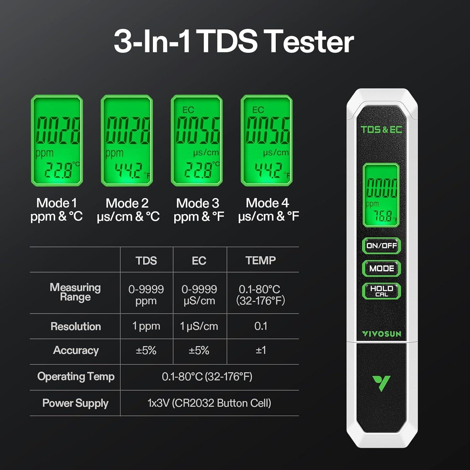 Medidor de pH Digital VIVOSUN 3-en-1 TDS/EC/Temperatura