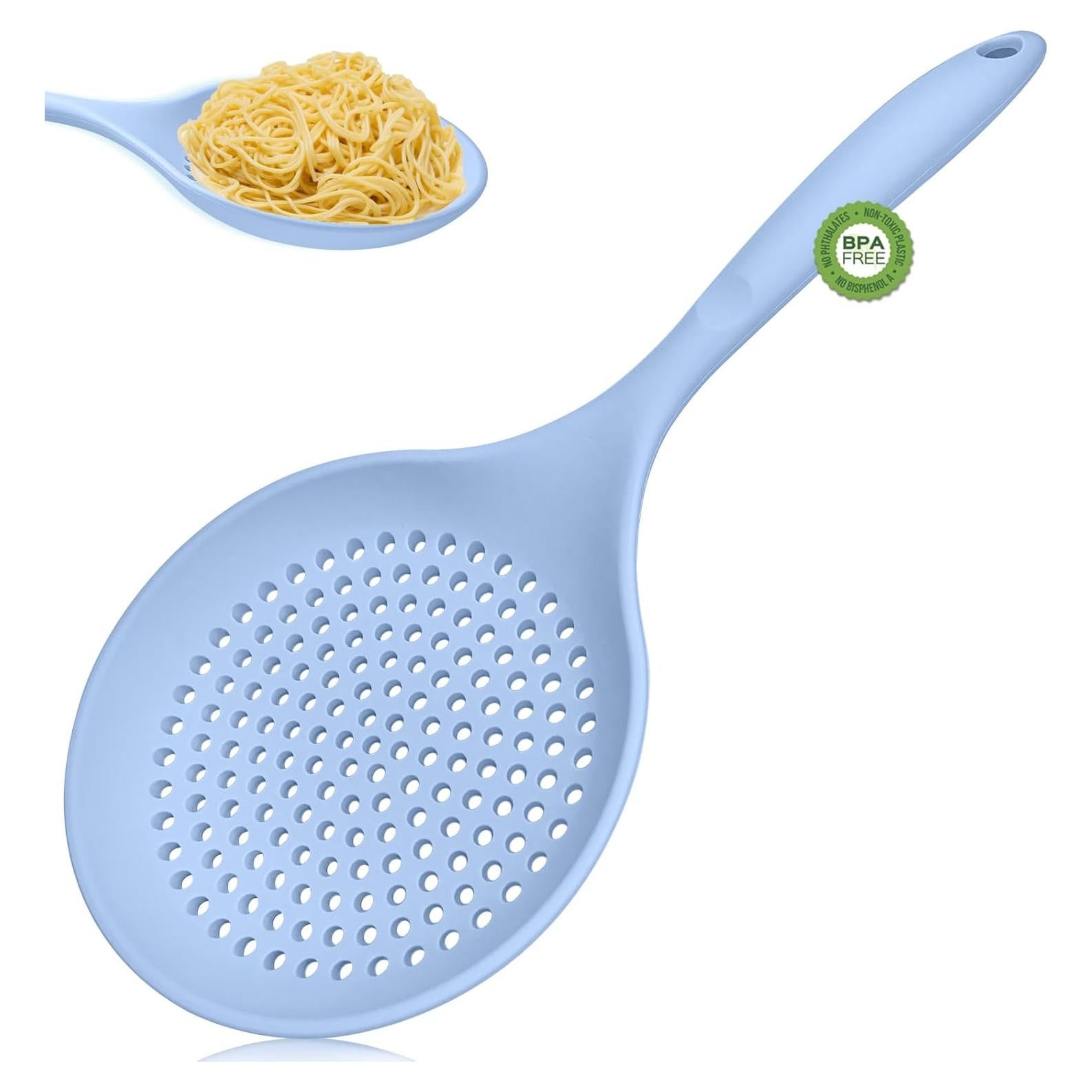 Large Cooking Skimmer Spoon, Silicone Slotted Spoon for Frying and Cooking, Heat resistant 14.5 inch Kitchen Draining Strainer Spoon, 6.6 inch Large Silicone Spoon Head (Blue)