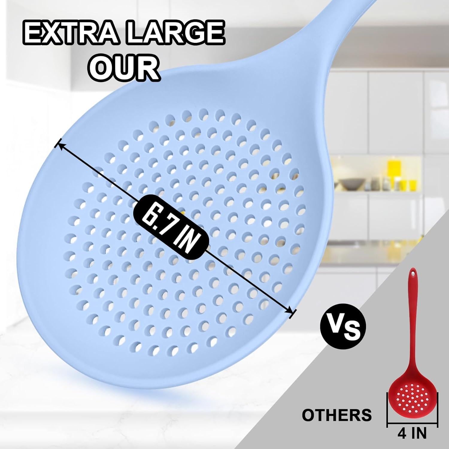 Large Cooking Skimmer Spoon, Silicone Slotted Spoon for Frying and Cooking, Heat resistant 14.5 inch Kitchen Draining Strainer Spoon, 6.6 inch Large Silicone Spoon Head (Blue)