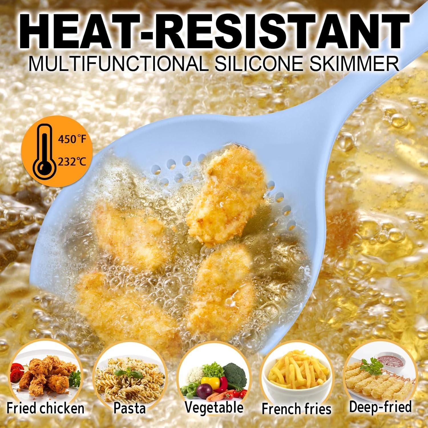 Large Cooking Skimmer Spoon, Silicone Slotted Spoon for Frying and Cooking, Heat resistant 14.5 inch Kitchen Draining Strainer Spoon, 6.6 inch Large Silicone Spoon Head (Blue)