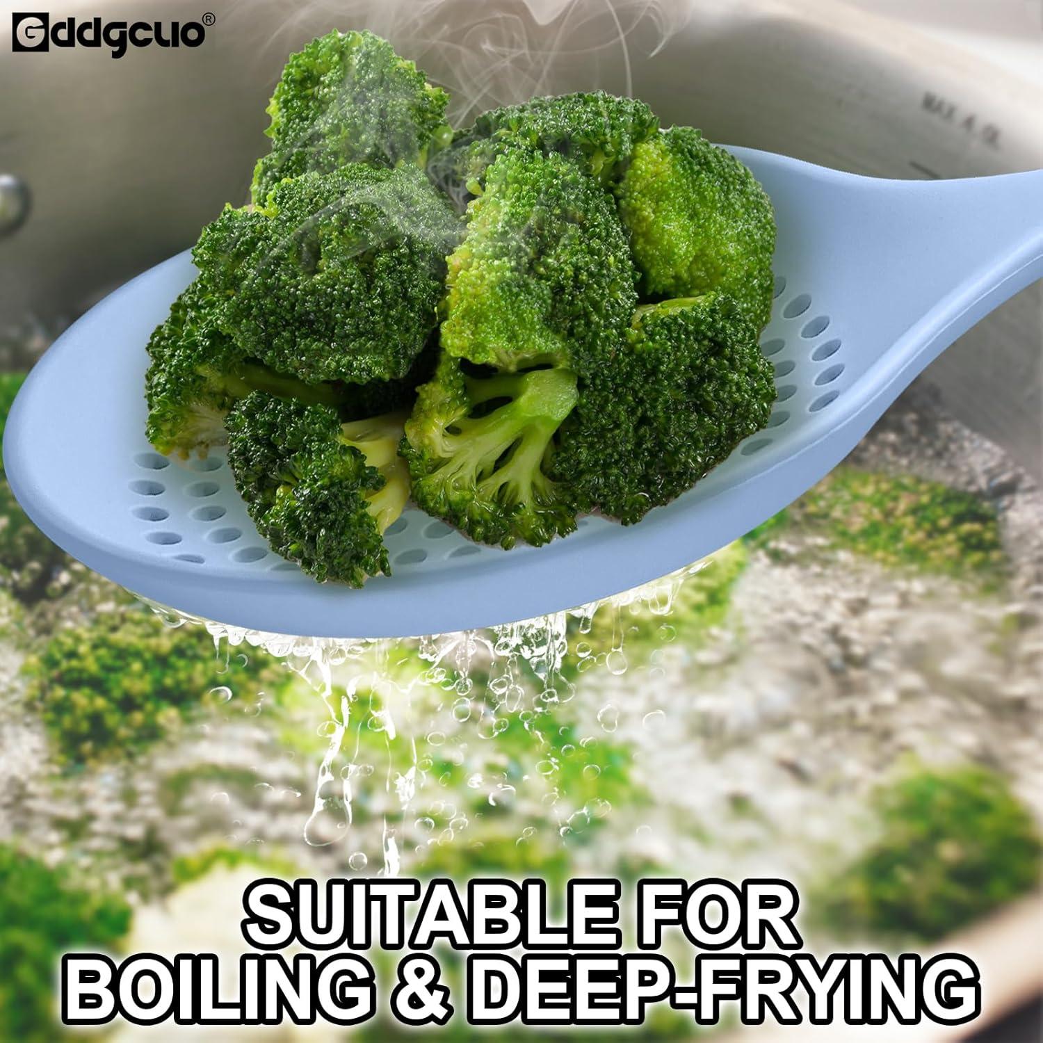 Large Cooking Skimmer Spoon, Silicone Slotted Spoon for Frying and Cooking, Heat resistant 14.5 inch Kitchen Draining Strainer Spoon, 6.6 inch Large Silicone Spoon Head (Blue)