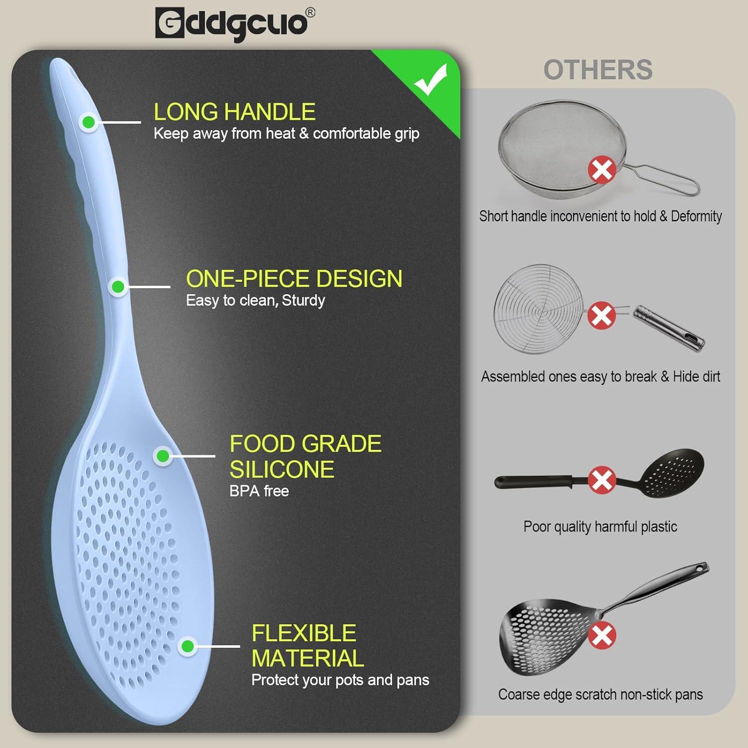 Large Cooking Skimmer Spoon, Silicone Slotted Spoon for Frying and Cooking, Heat resistant 14.5 inch Kitchen Draining Strainer Spoon, 6.6 inch Large Silicone Spoon Head (Blue)