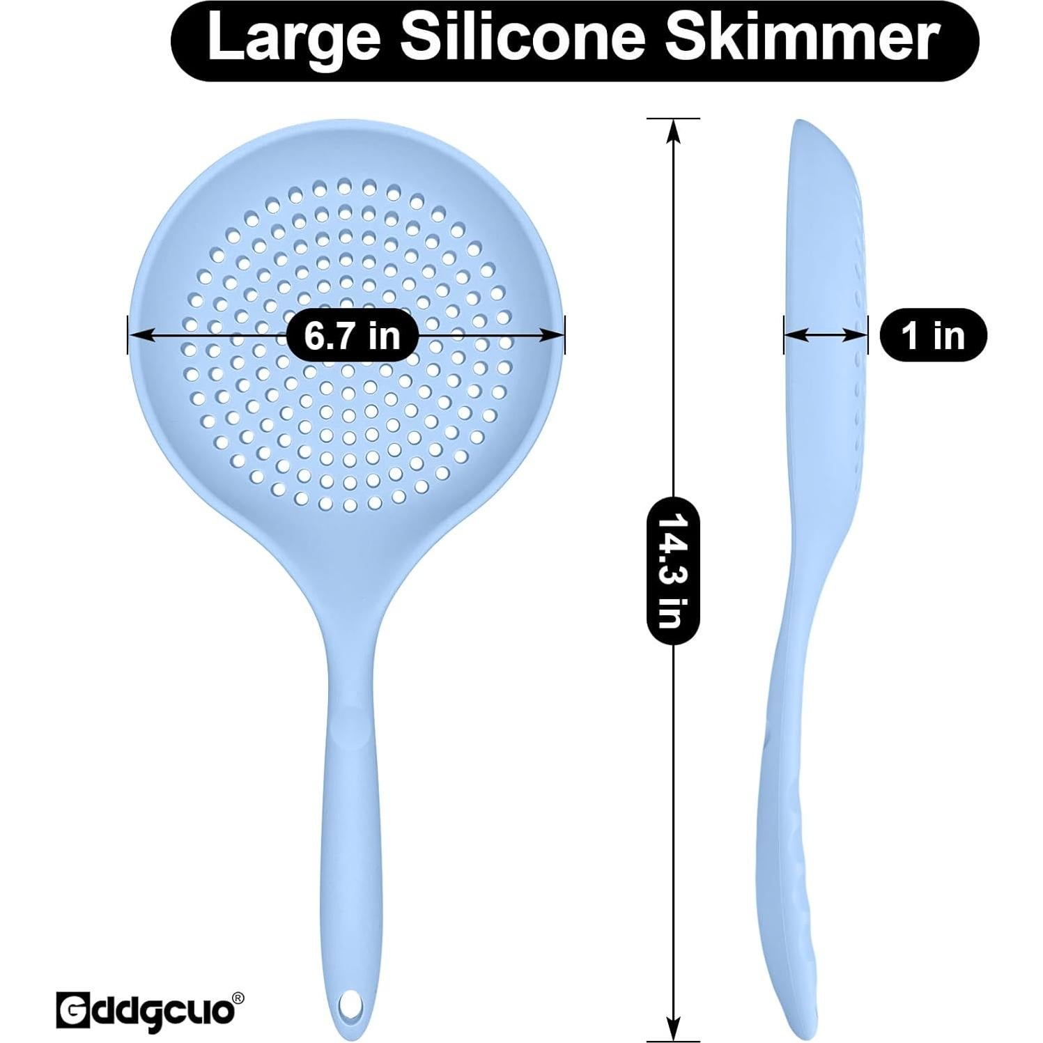 Large Cooking Skimmer Spoon, Silicone Slotted Spoon for Frying and Cooking, Heat resistant 14.5 inch Kitchen Draining Strainer Spoon, 6.6 inch Large Silicone Spoon Head (Blue)