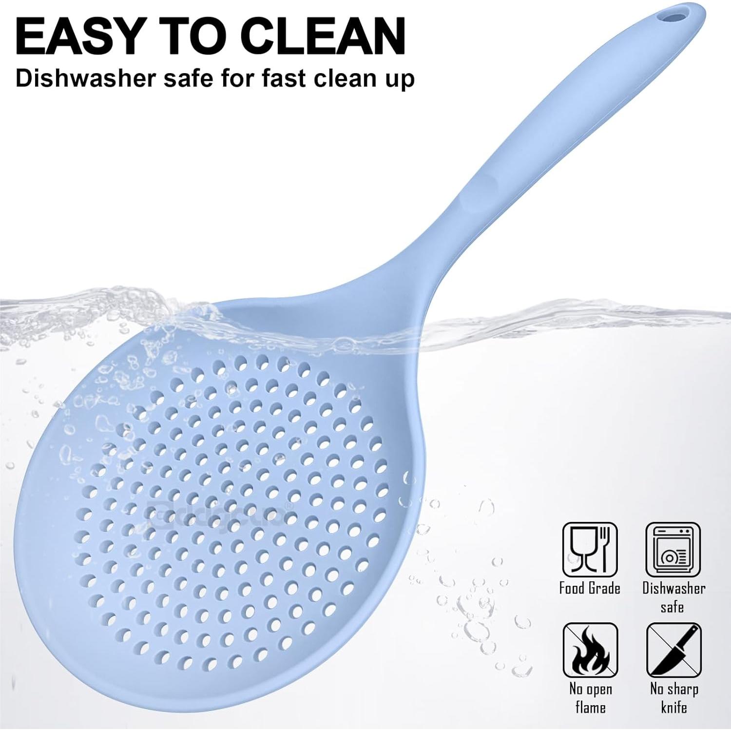 Large Cooking Skimmer Spoon, Silicone Slotted Spoon for Frying and Cooking, Heat resistant 14.5 inch Kitchen Draining Strainer Spoon, 6.6 inch Large Silicone Spoon Head (Blue)