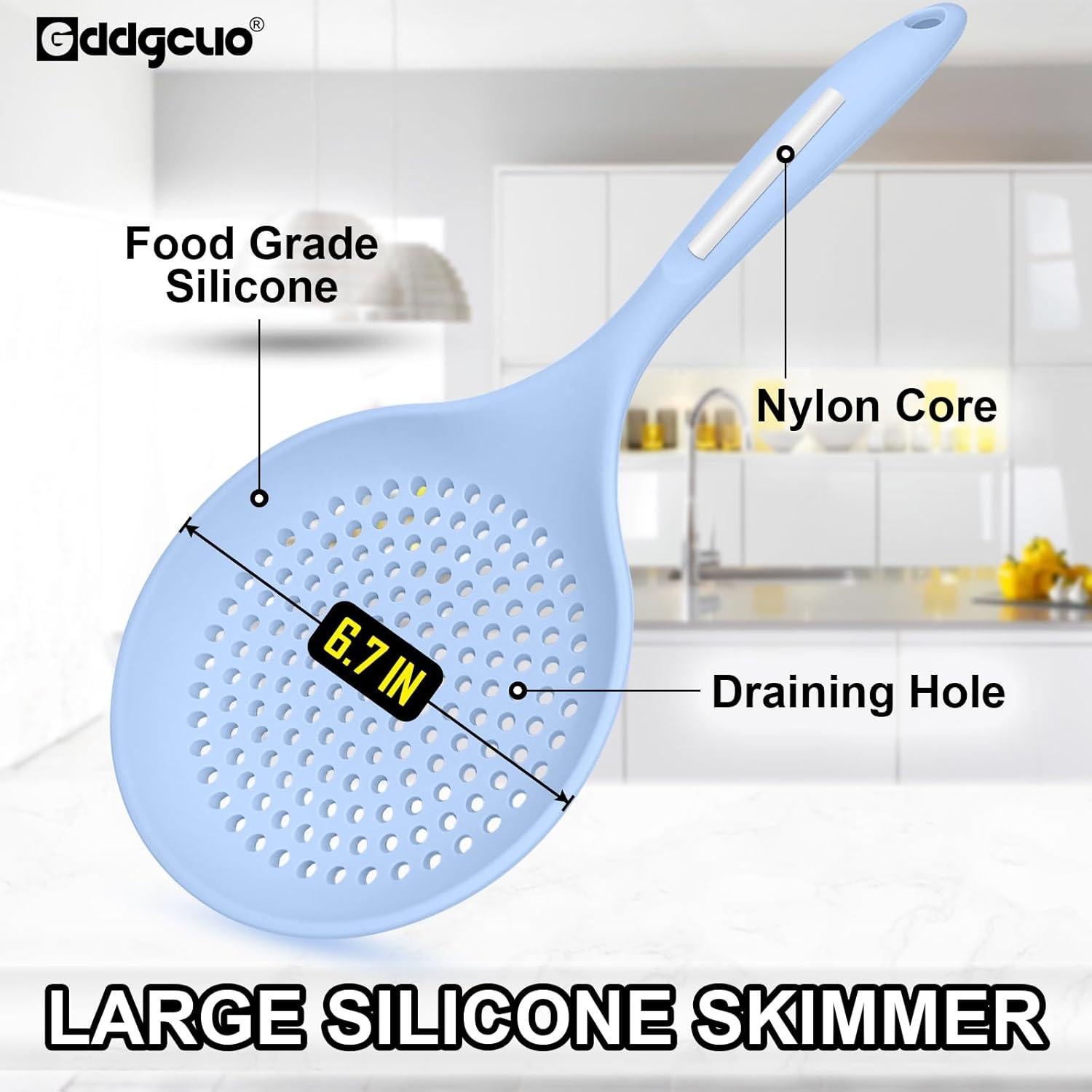 Large Cooking Skimmer Spoon, Silicone Slotted Spoon for Frying and Cooking, Heat resistant 14.5 inch Kitchen Draining Strainer Spoon, 6.6 inch Large Silicone Spoon Head (Blue)