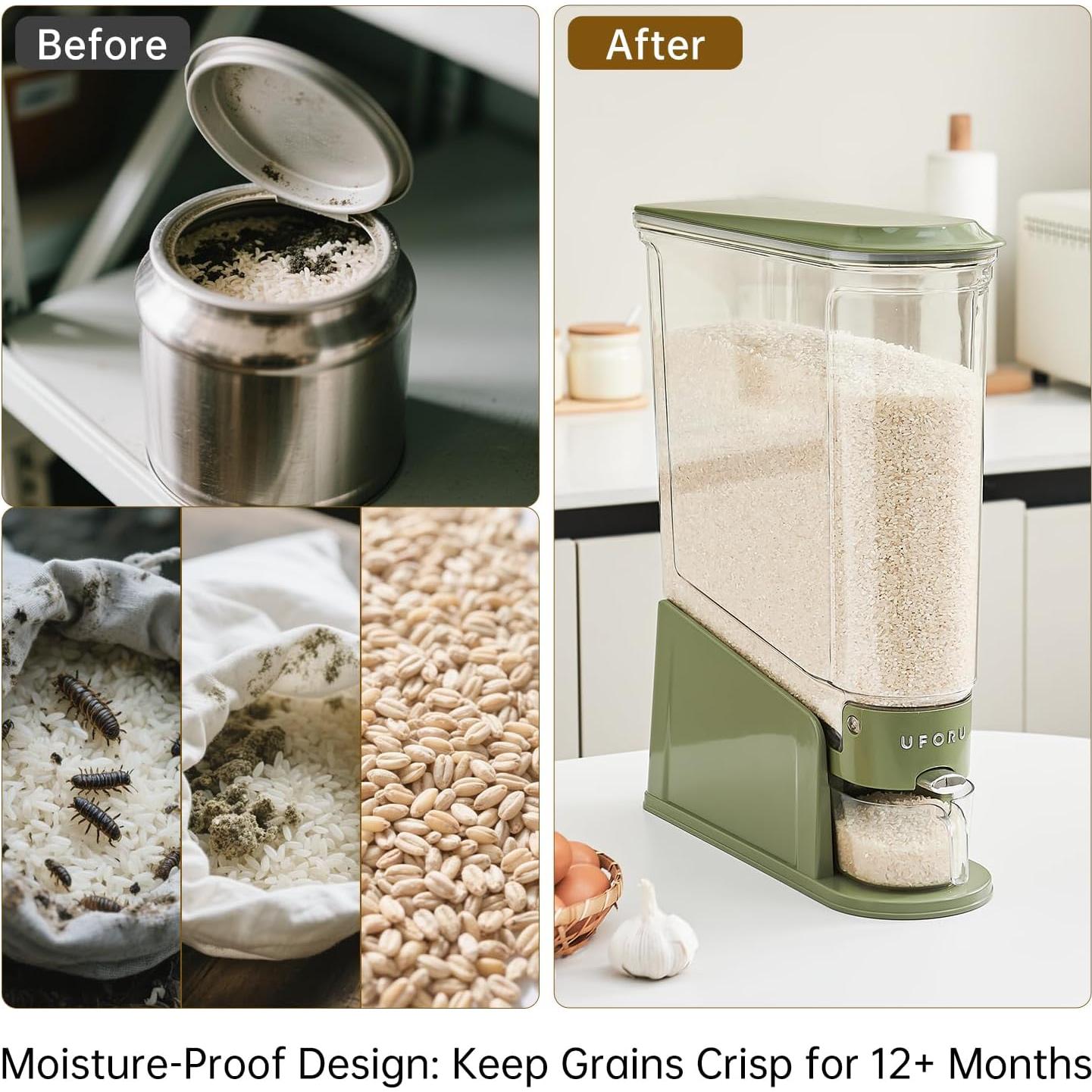 Dispensador de Arroz UFORU 10Kg Hermético Verde para Alimentos