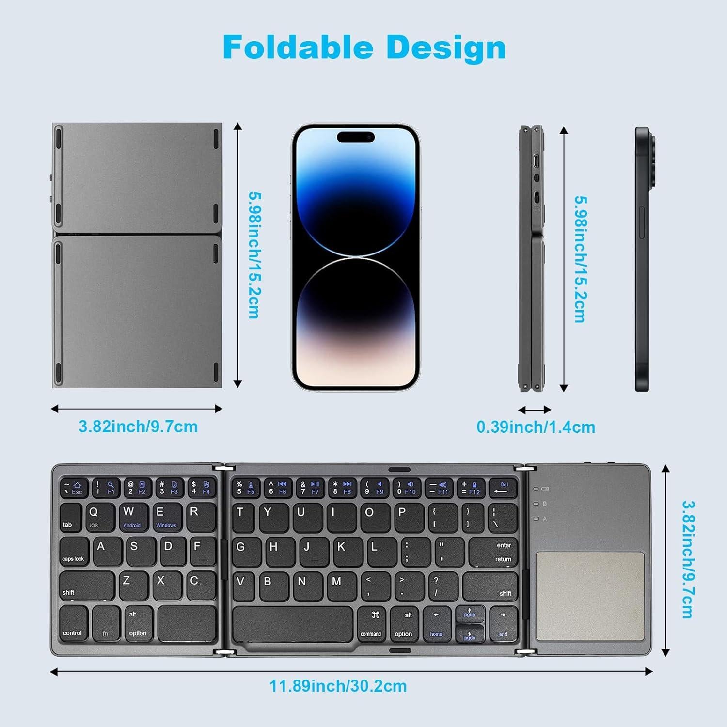 AURTEC Foldable Bluetooth Keyboard with Touchpad, Rechargeable Portable Wireless Mini Keyboard for PC Tablet, Samsung, Android, iOS, Smartphone-Dark Gray