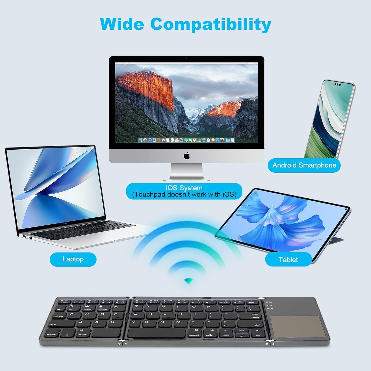 AURTEC Foldable Bluetooth Keyboard with Touchpad, Rechargeable Portable Wireless Mini Keyboard for PC Tablet, Samsung, Android, iOS, Smartphone-Dark Gray