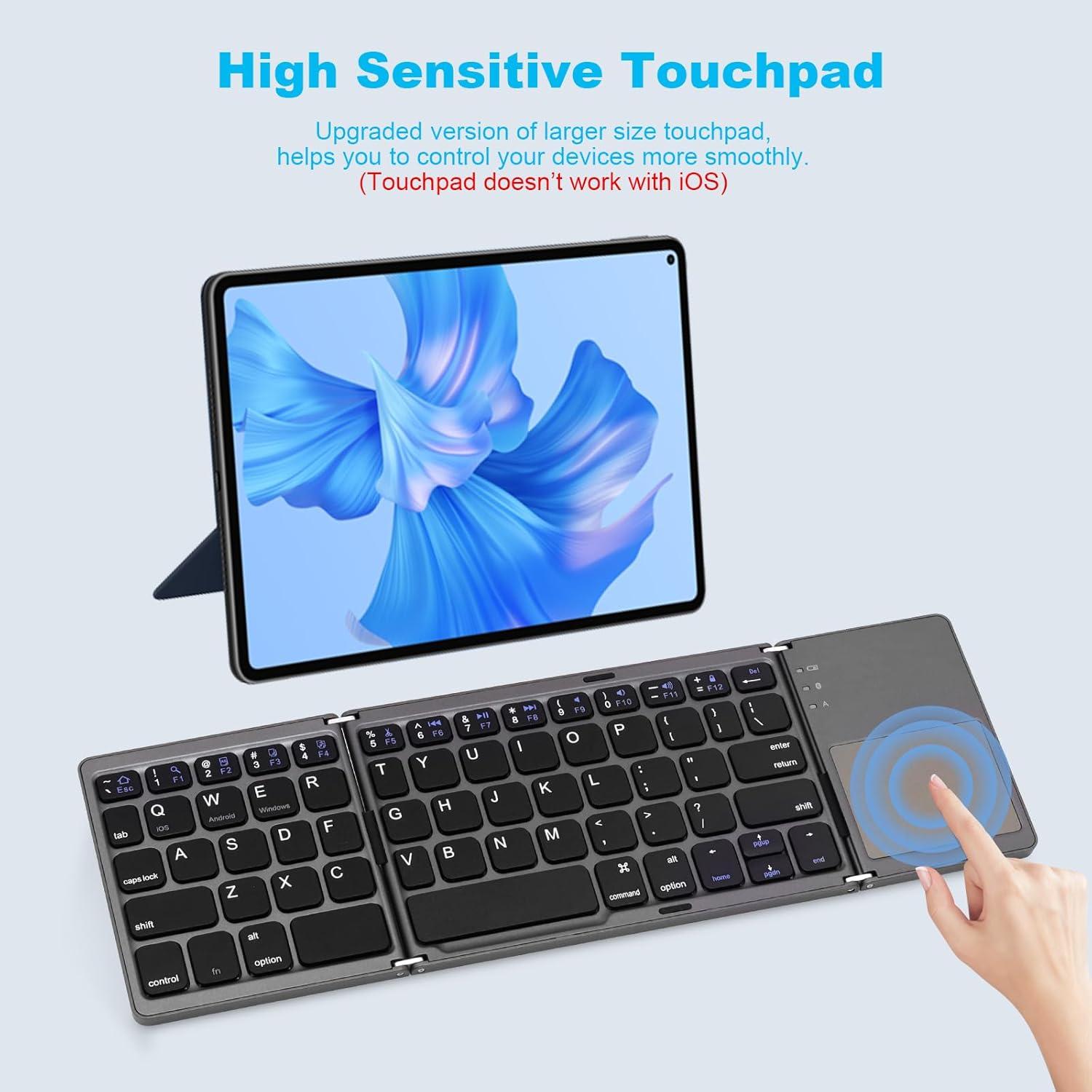 AURTEC Foldable Bluetooth Keyboard with Touchpad, Rechargeable Portable Wireless Mini Keyboard for PC Tablet, Samsung, Android, iOS, Smartphone-Dark Gray