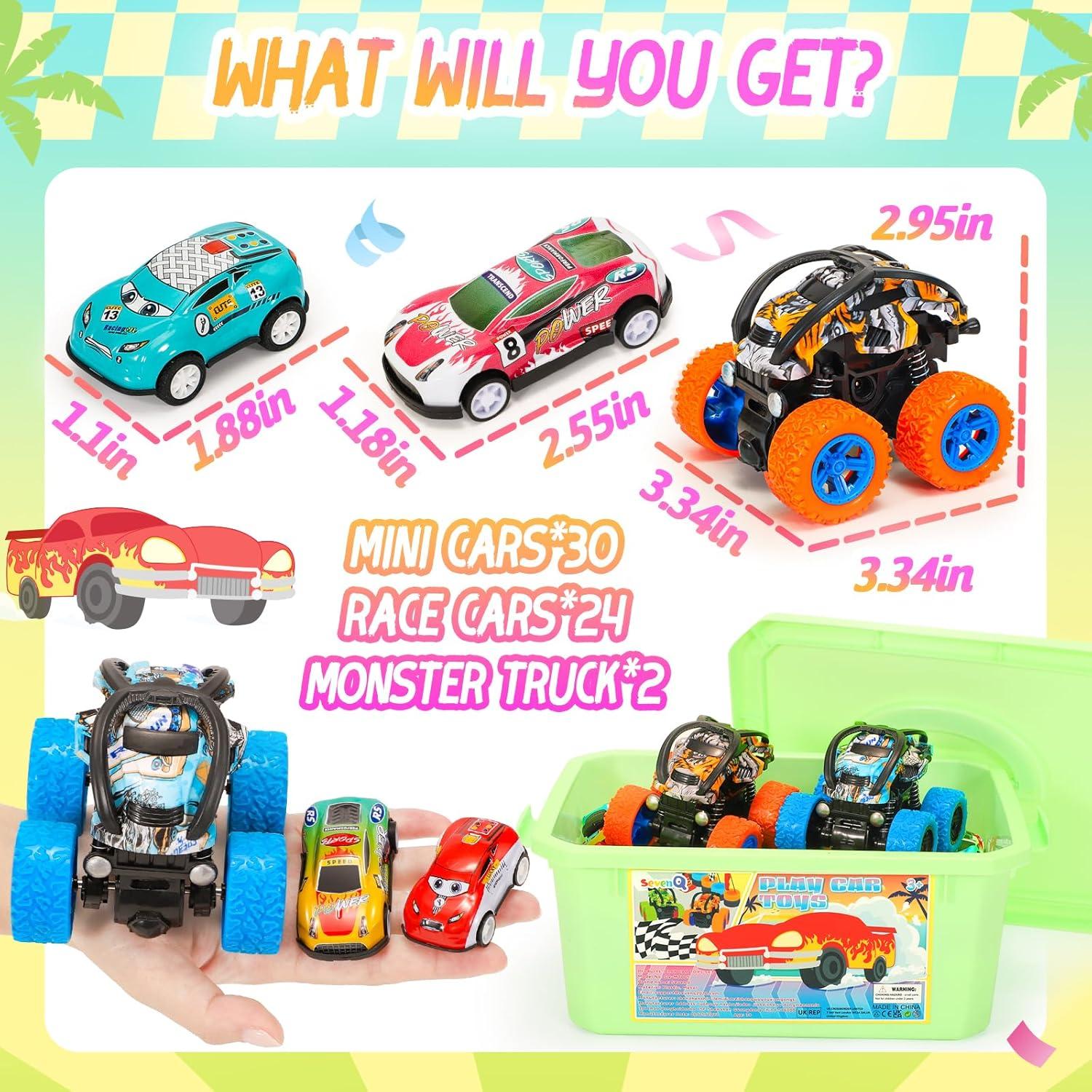 Toy Cars for Kids Ages 4-8, 56Pcs Monster Truck Toys Pull Back Cars with Storage Box, Race Cars Party Favors for Toddler Toys Pinata Goodie Bag Stuffers Christmas Treasure Box Classroom Prizes
