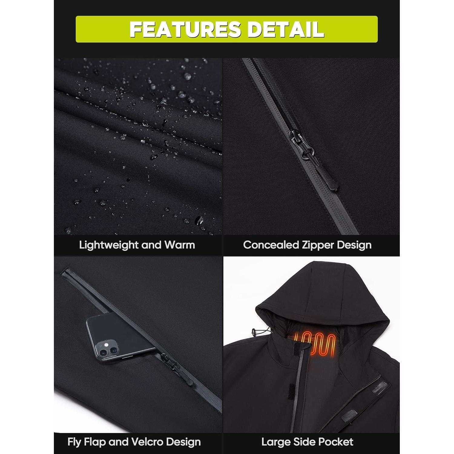 Chaqueta Calentada Eoyekli Impermeable 12V 20000mAh Negra