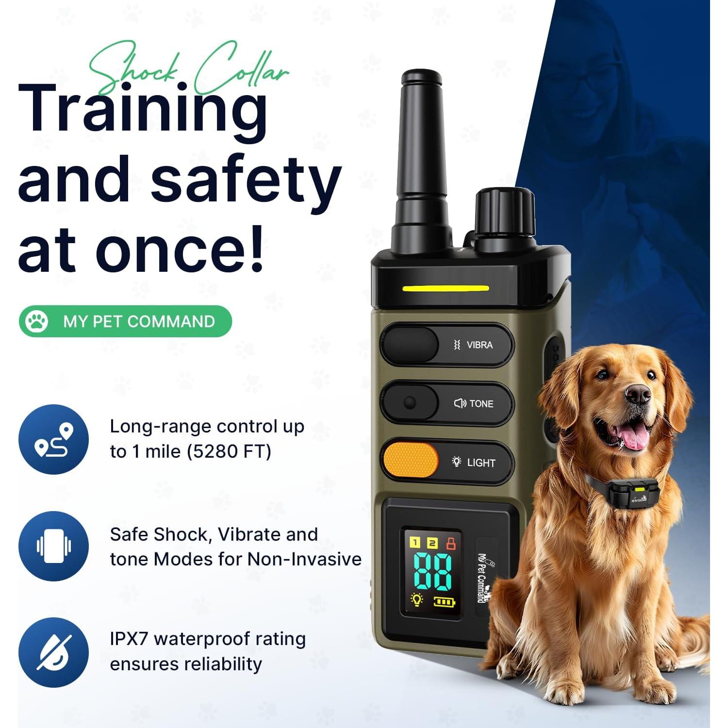 My Pet Command Long Range Dog Training Collar with Remote 1 Mile/5280 Ft Safe Shock, Vibrate, Tone collar with Flashing Beacon Lights Rechargeable Waterproof Dog collar with remote add Up to 2 Collars