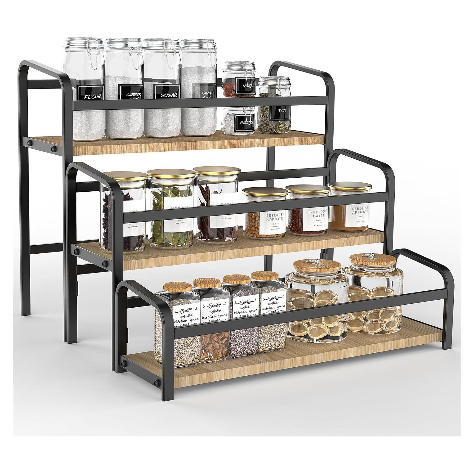 Spice Rack Organizer for Countertop , 3-Tier Magnetic Spice Storage Holder with Wooden Steps for Kitchen , Coffee Syrup Rack Iron Fall Protection ,Versatile Display Rack for Wine Bottles,Cosmetics.